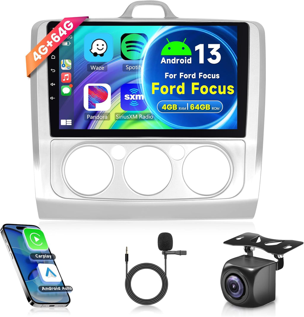 4G+64G Wireless Carplay Android 13 Car Radio for Ford Focus Mk2 Mk3 Exi MT 2 3 2004-2011 9 Inch with Android Auto Navi GPS WiFi Bluetooth FM/RDS/Dab/DVR/SWC Rear Camera