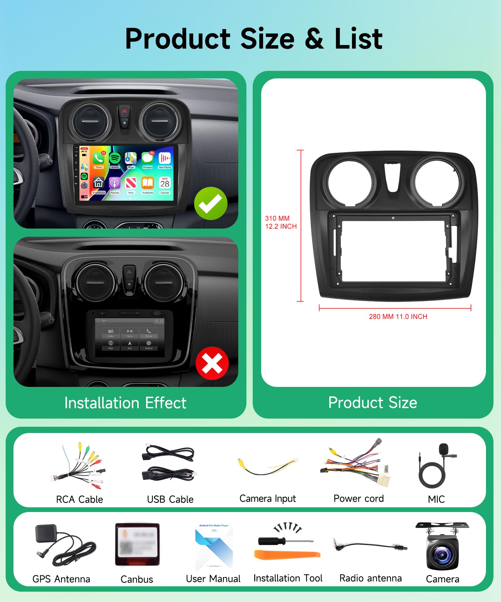 2G+64G Wireless Carplay Android Car Radio for Renault Dacia Logan 2 Sandero B52 2012-2019 9 Inch Radio with Android Auto Navi GPS WiFi Mirror Link Bluetooth FM/RDS/Dab/SWC Rear Camera