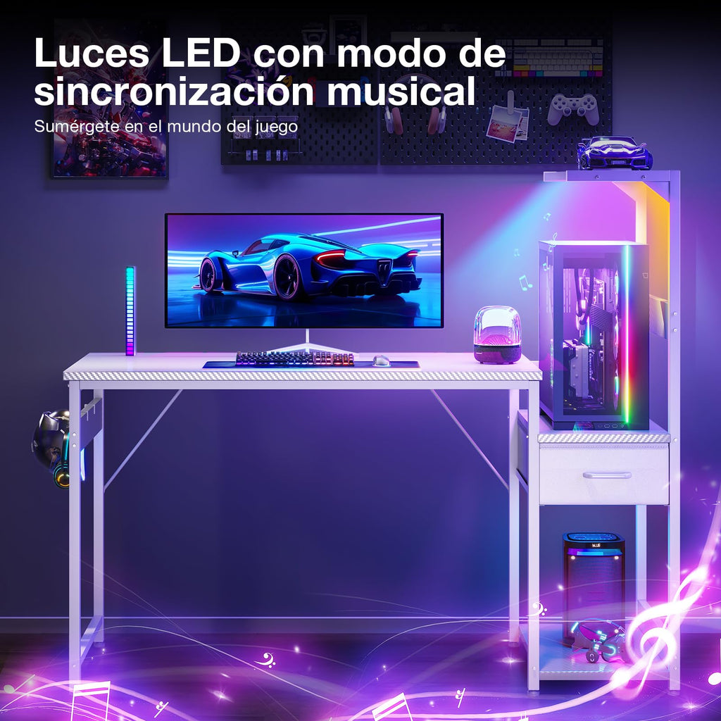 Escritorio para juegos Coleshome con iluminación LED, 120 x 48 cm, cajones y soporte, reversible, con gancho para casco, fibra de carbono negra 