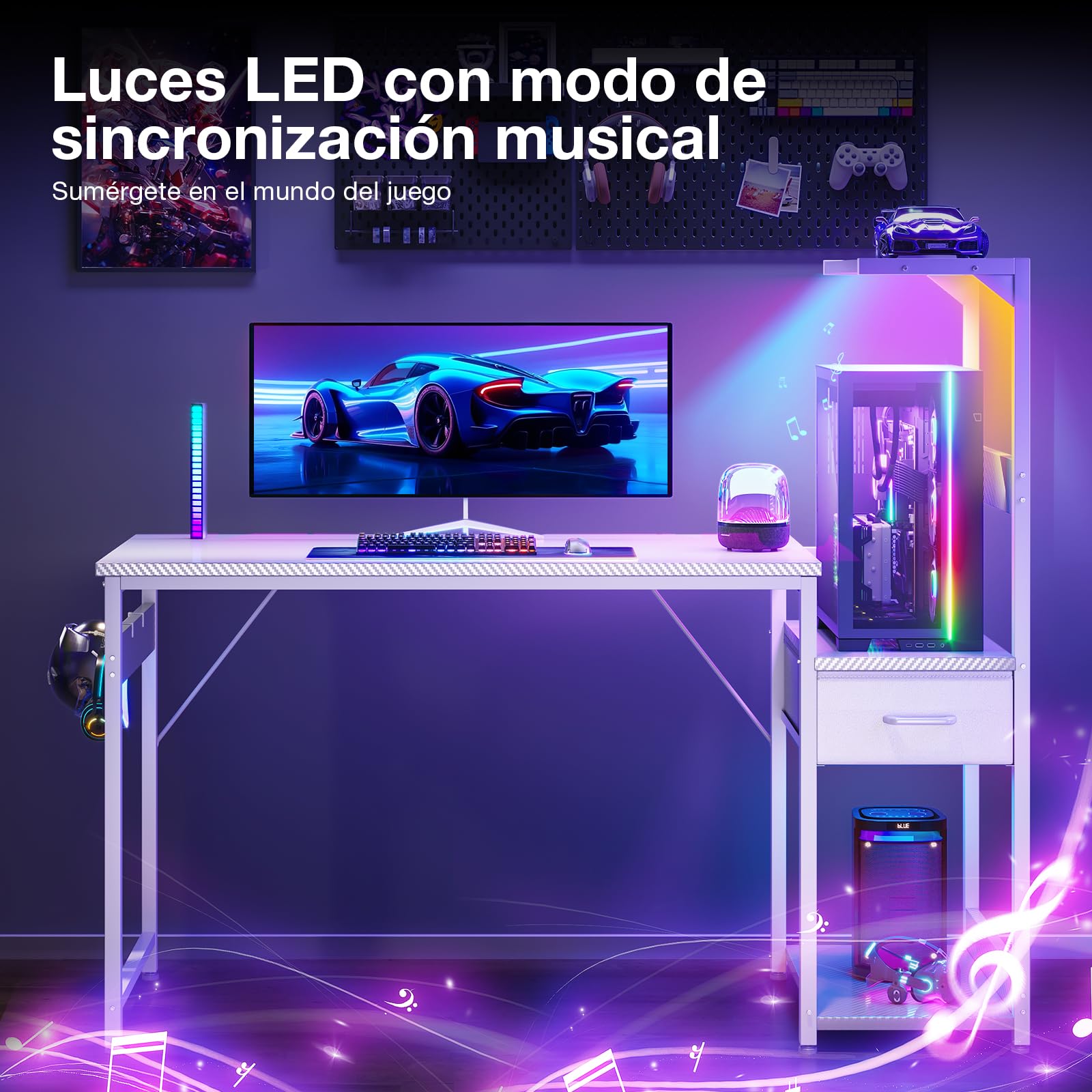 Escritorio para juegos Coleshome con iluminación LED, 120 x 48 cm, cajones y soporte, reversible, con gancho para casco, fibra de carbono negra 