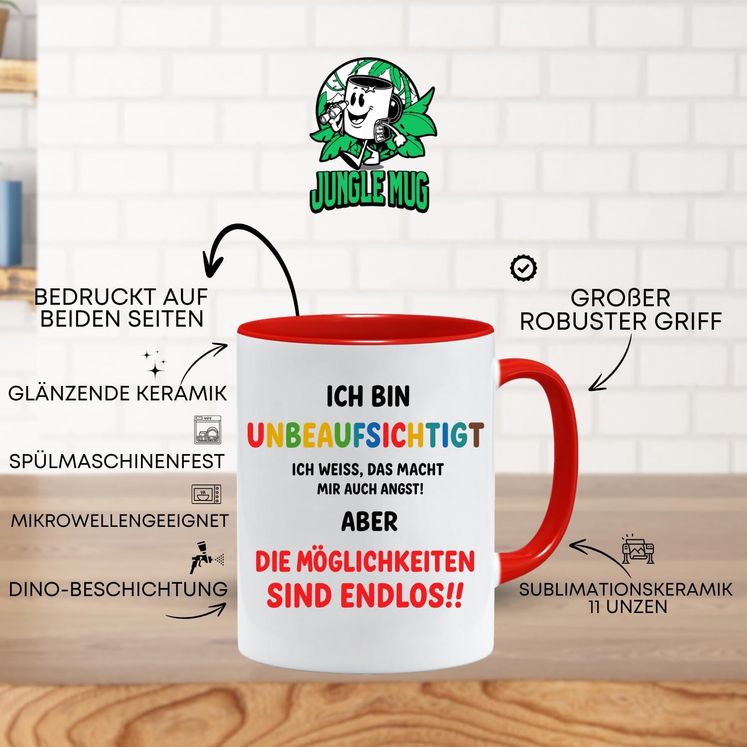 Jungle Mug Caneca de presente para colegas | Caneca com texto em alemão Unbeaufsichtigt Spruch Lustig | Geschenk Abschied Kollelegin Büro | Funny Tasse Arbeit Frauen Männer