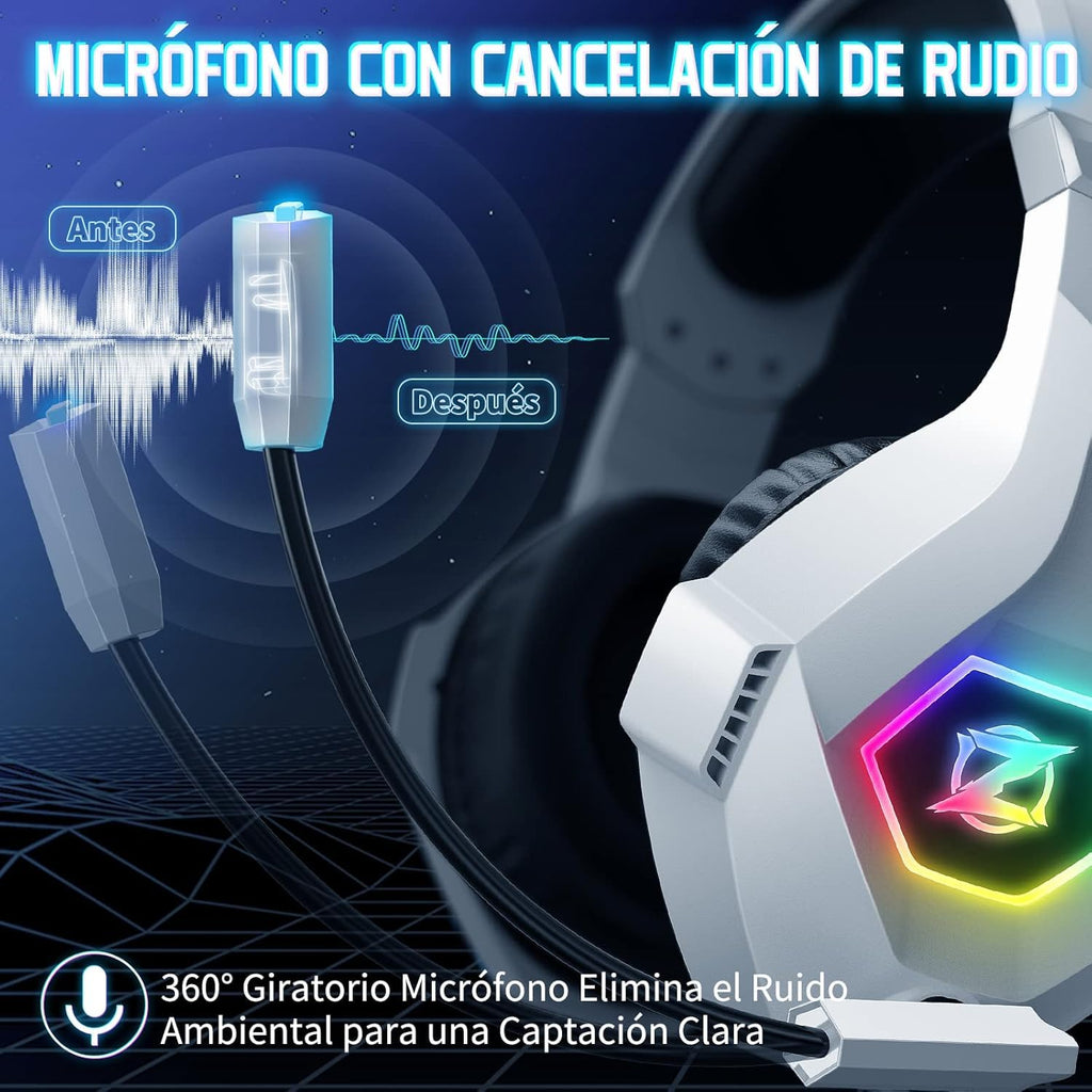 Gaming headset, gaming headset with rotating microphone, RGB light, premium stereo, lightweight comfortable earmuffs, for PS4 PS5 Xbox PC Switch Tablet Laptop 