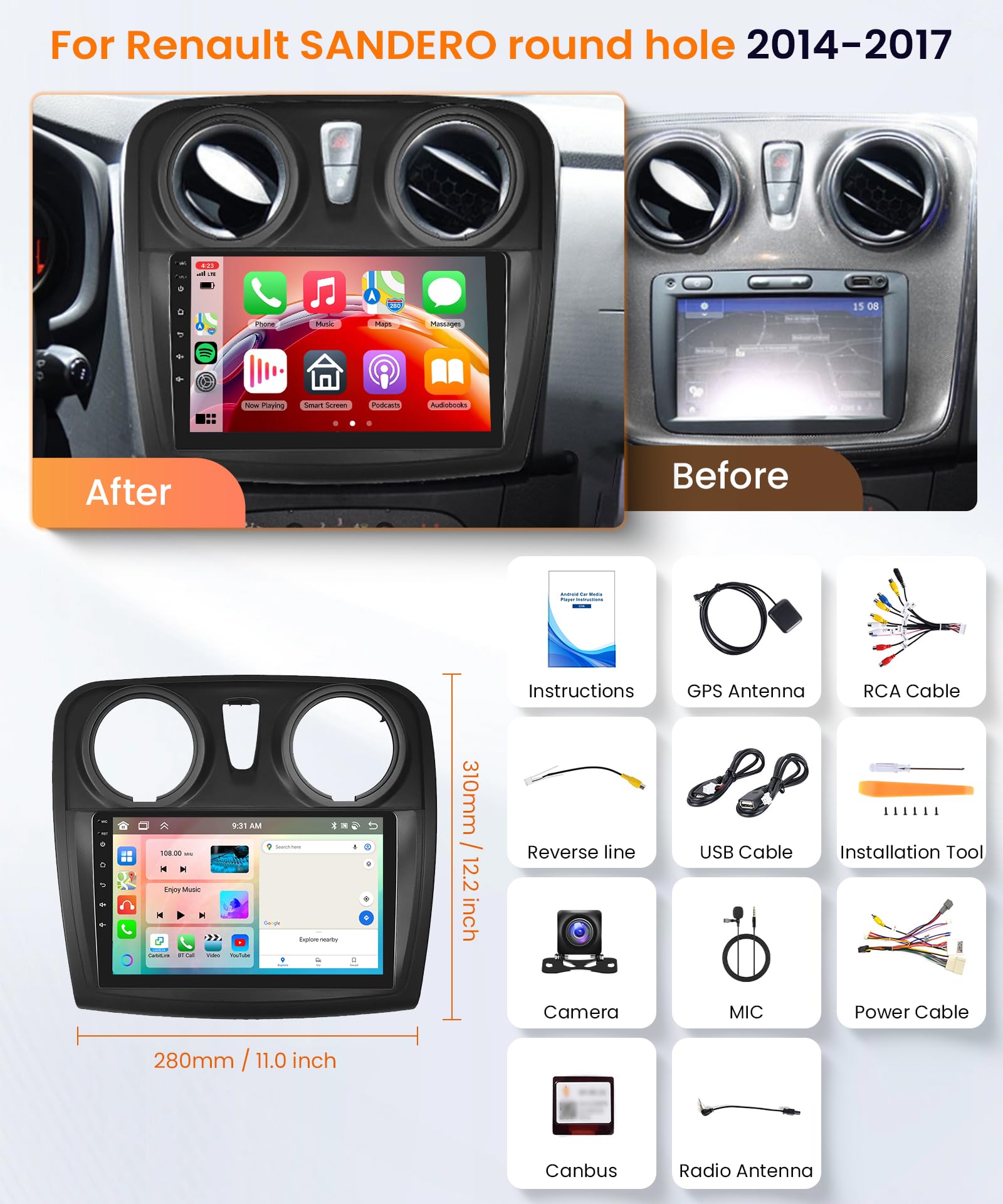 2G+64G Wireless Carplay Android Car Radio for Renault Dacia Logan 2 Sandero B52 2012-2019 9 Inch Radio with Android Auto Navi GPS WiFi Mirror Link Bluetooth FM/RDS/Dab/SWC Rear Camera