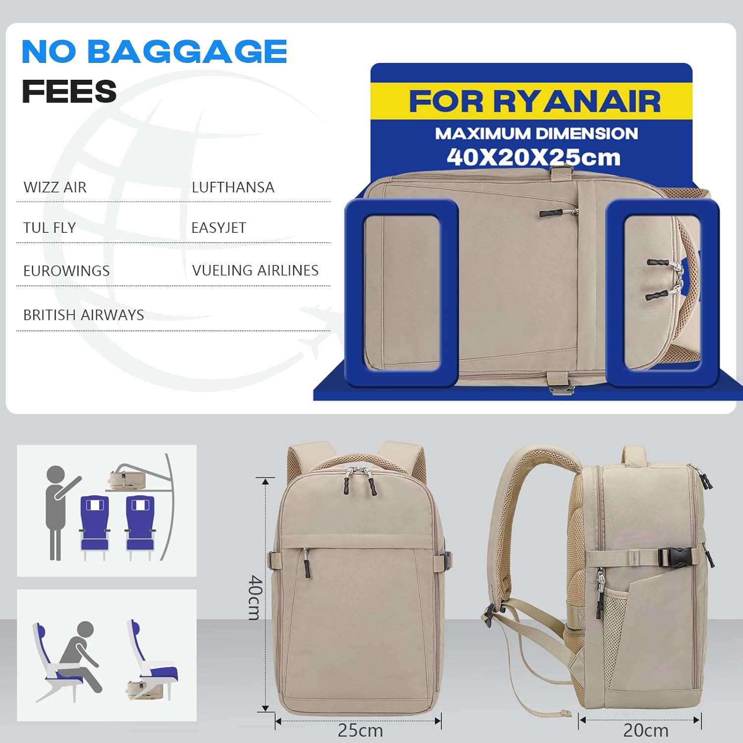 Mochila Viaje Cabina Avion 40x20x25 Mochila 40x30x20 para Ryanair Wizz Air Vueling Easyjet Equipaje de Mano Bolsa Antirrobo Resistente Al Agua