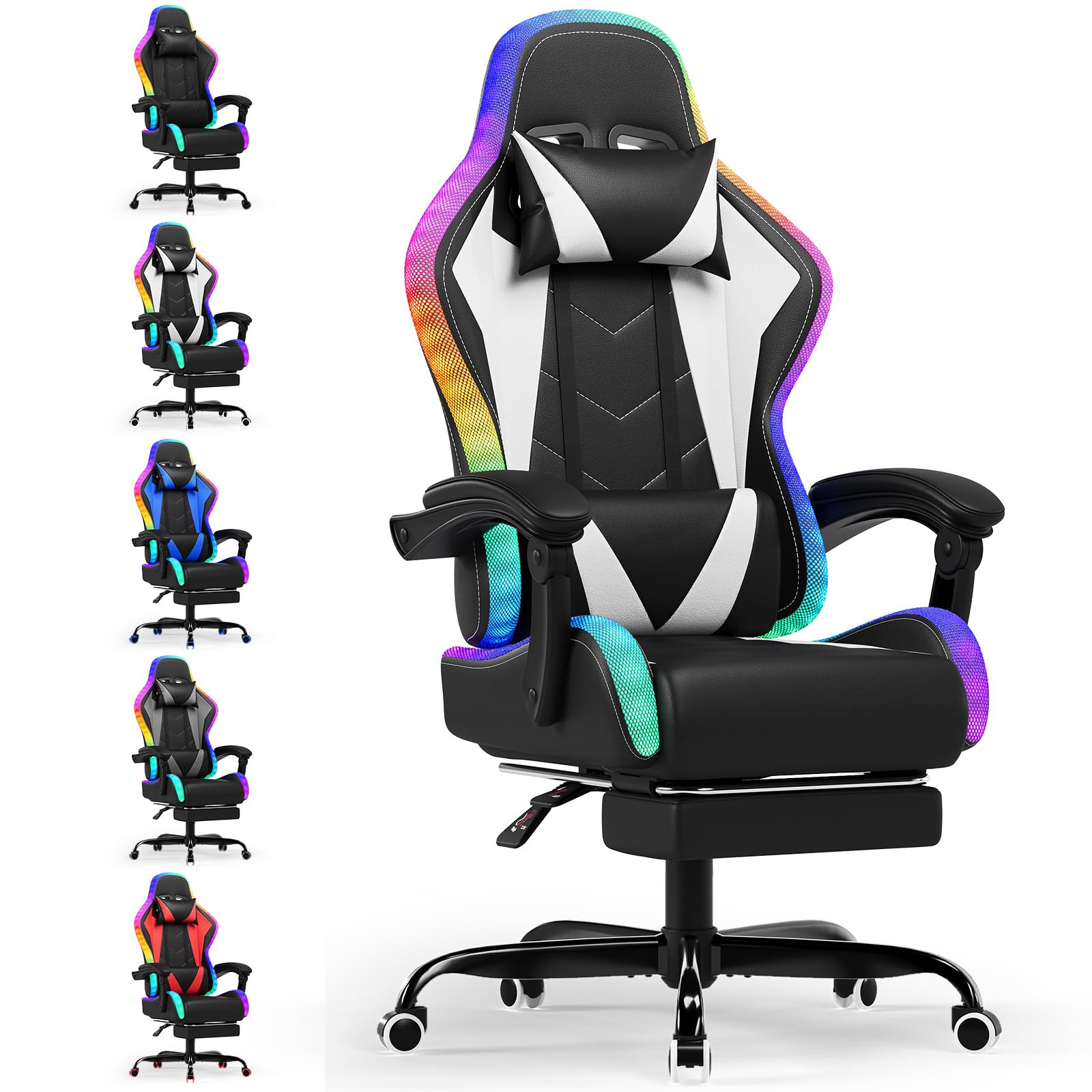 Silla gaming Devoko con masajeador y LED, silla ergonómica de oficina con reposapiés, sillas gaming para oficina y gaming con iluminación RGB (blanca) 