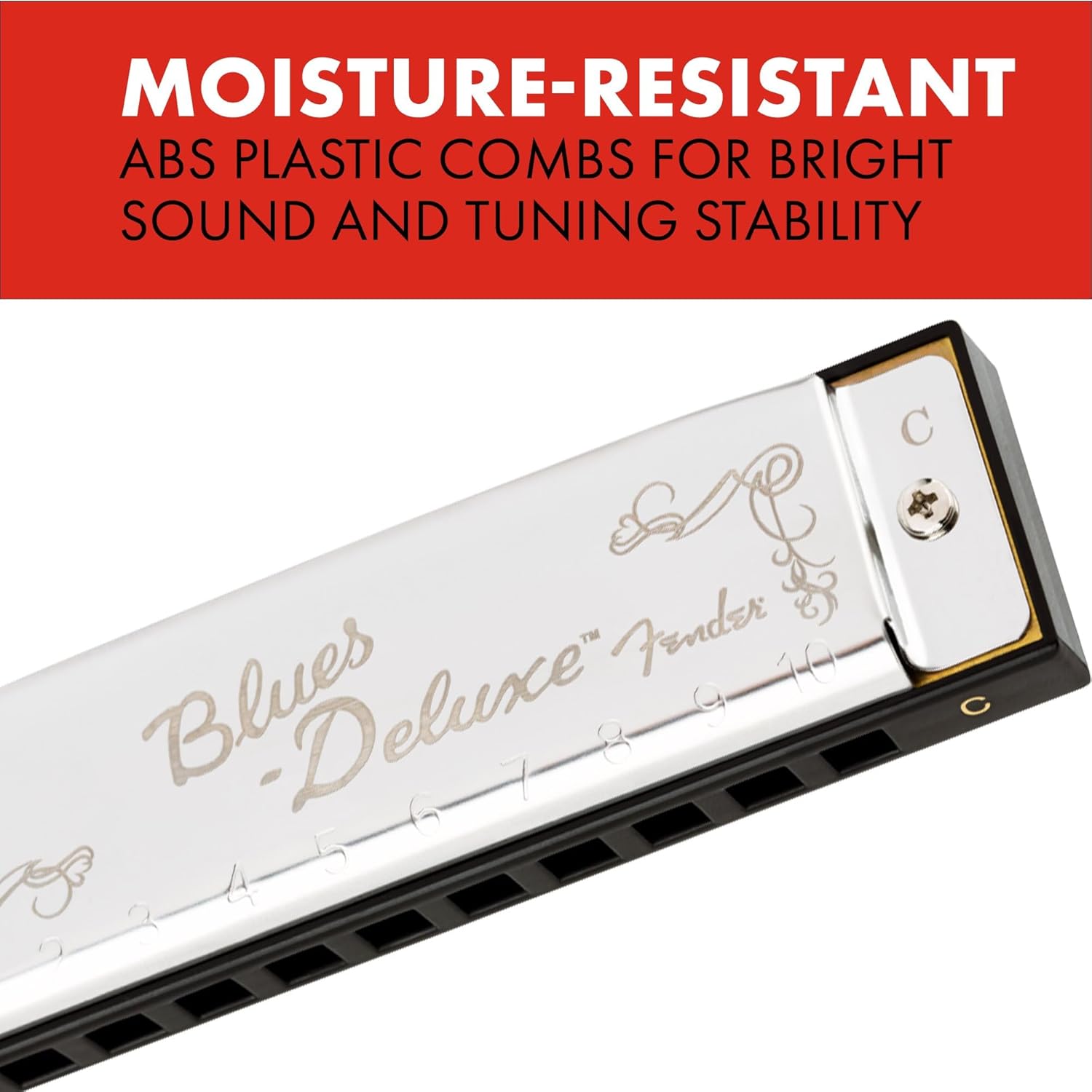 Fender Blues Deluxe Armónica, Clave de G, 10 Orificios, Cromada en Níquel, Incluye Estuche