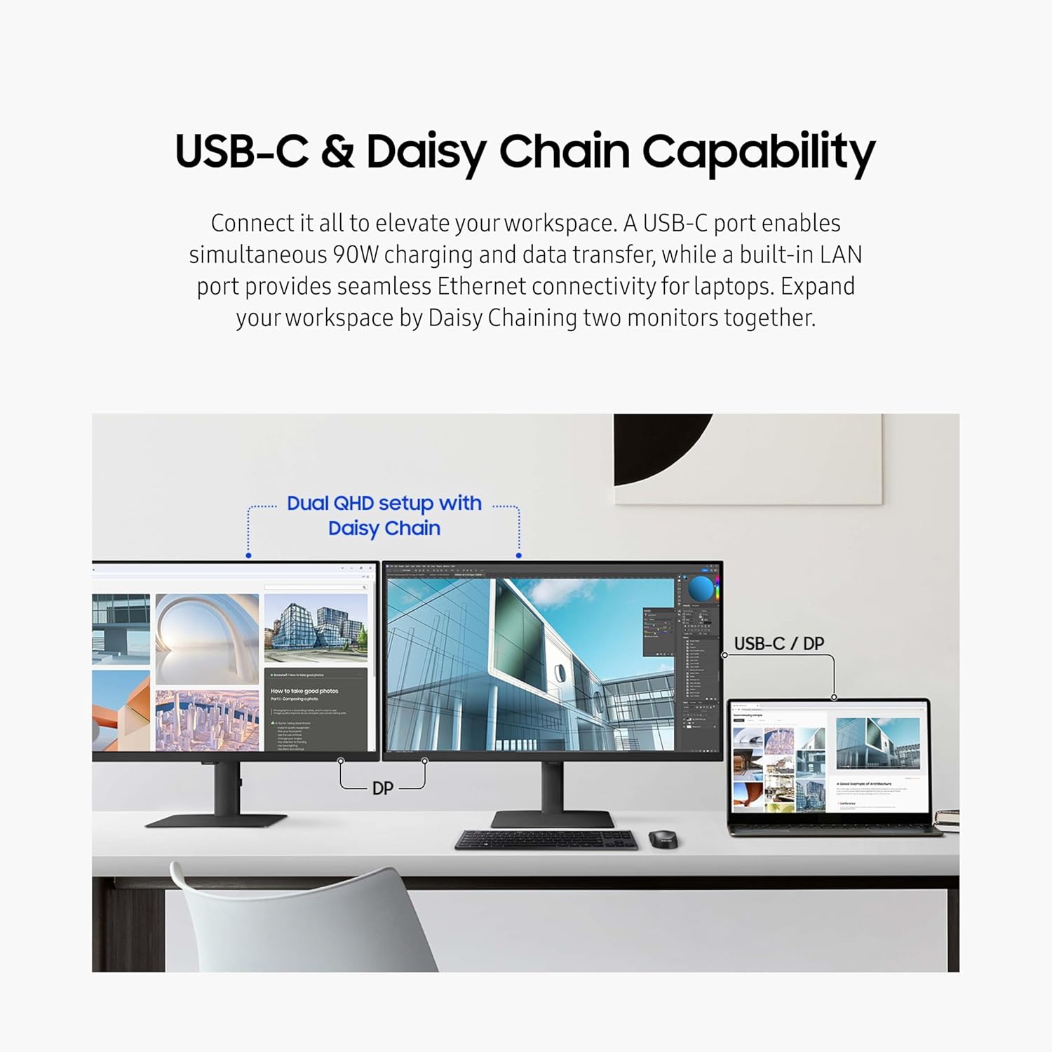 SAMSUNG 24" ViewFinity S6 (S60UD) Series QHD High Resolution Computer Monitor, 100Hz, HDR10, USB-C, Built-In LAN Port, Daisy Chain Support, Easy Setup, Height Adjustable Stand, LS24D606UANXZA, 2024