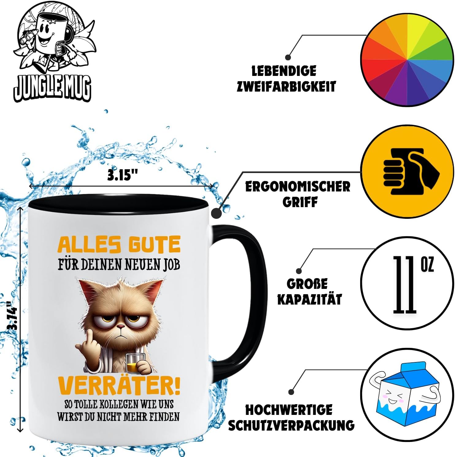 Caneca da colega | Caneca com texto em alemão Alles Gute Für Neuen Job Tasse | Lustige Tassen | Abschiesgeschenk Kollegen | Geschenk zum Abschied - Jobwechsel Abschieesgeschenk für Kollegen (Schwarz)
