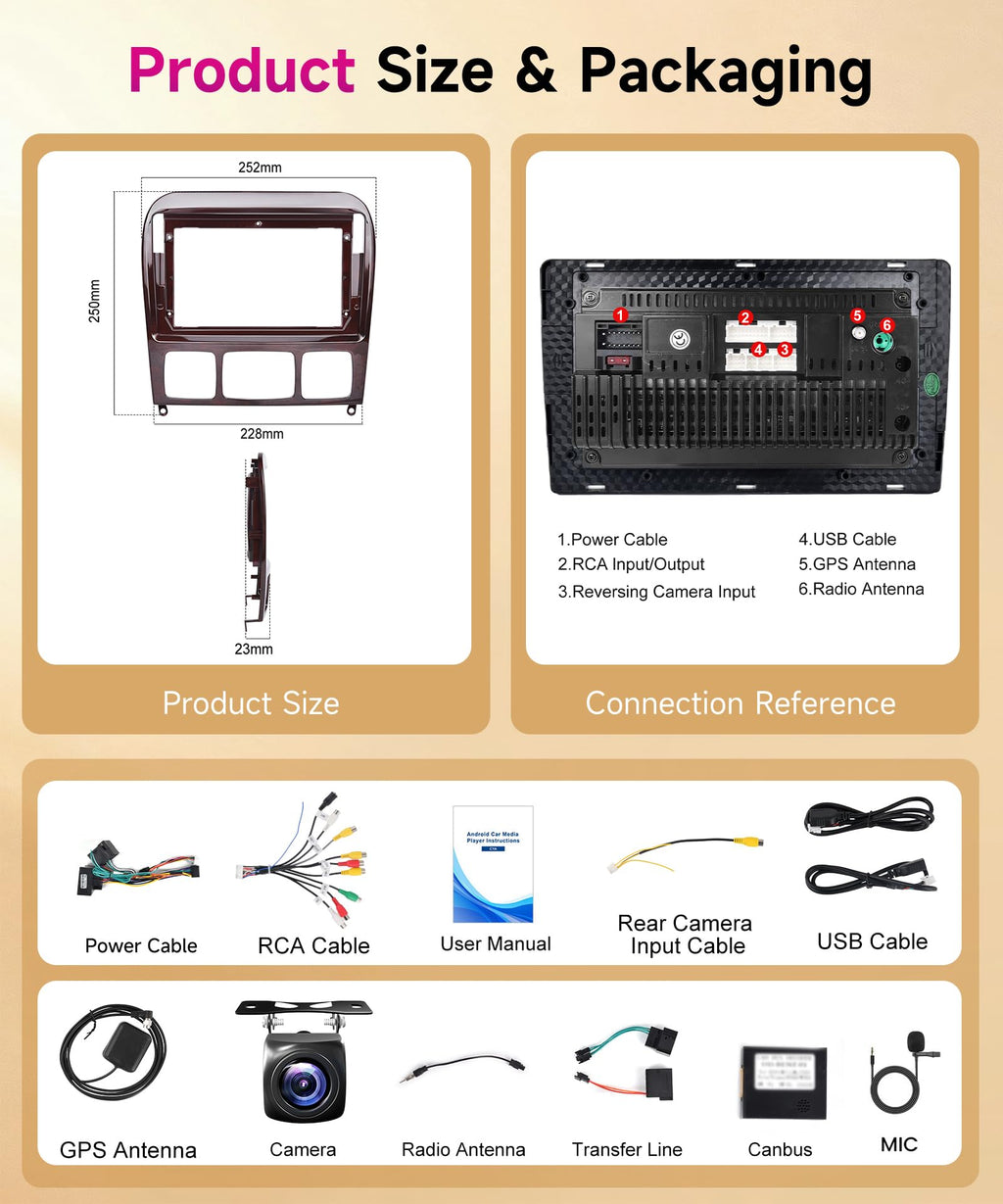 4G+64G Wireless Carplay Android Car Radio for Mercedes Benz S Class W220 VV220 1998-2005 9 Inch Radio with Android Auto GPS Navi WiFi Mirror Link Bluetooth FM/RDS/32 EQ/USB/SWC Rear Camera
