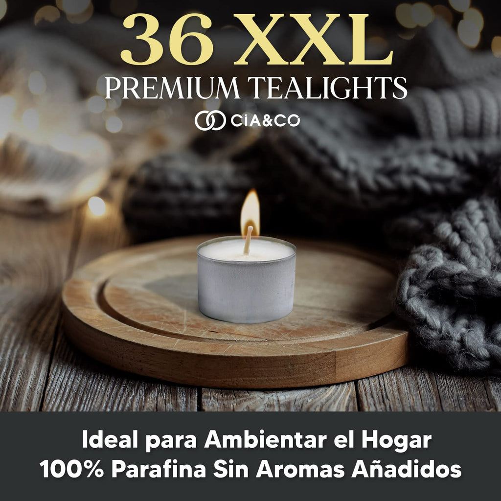 Cia&Co Pack of 108 Tea Lights 8 Hours XXL Long Lasting Round White Candles + 8 Hours Unscented and 100% Paraffin, Diameter 38 mm, Ideal Hospitality Without Odor
