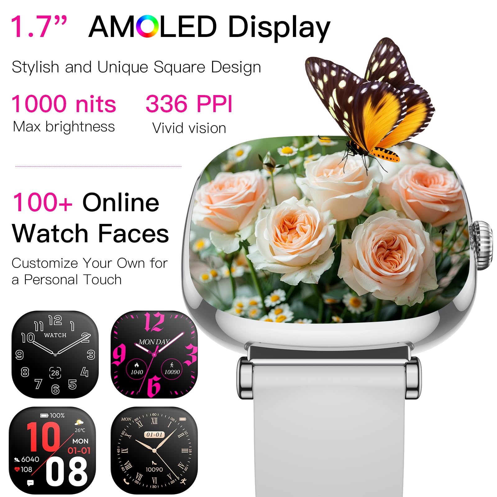 Women's Smart Watch with Call, Small Round 1.7 Inch AMOLED Smartwatch with Menstrual Cycle Monitoring, 100+ Sports Modes Bracelet Activity (Grey)
