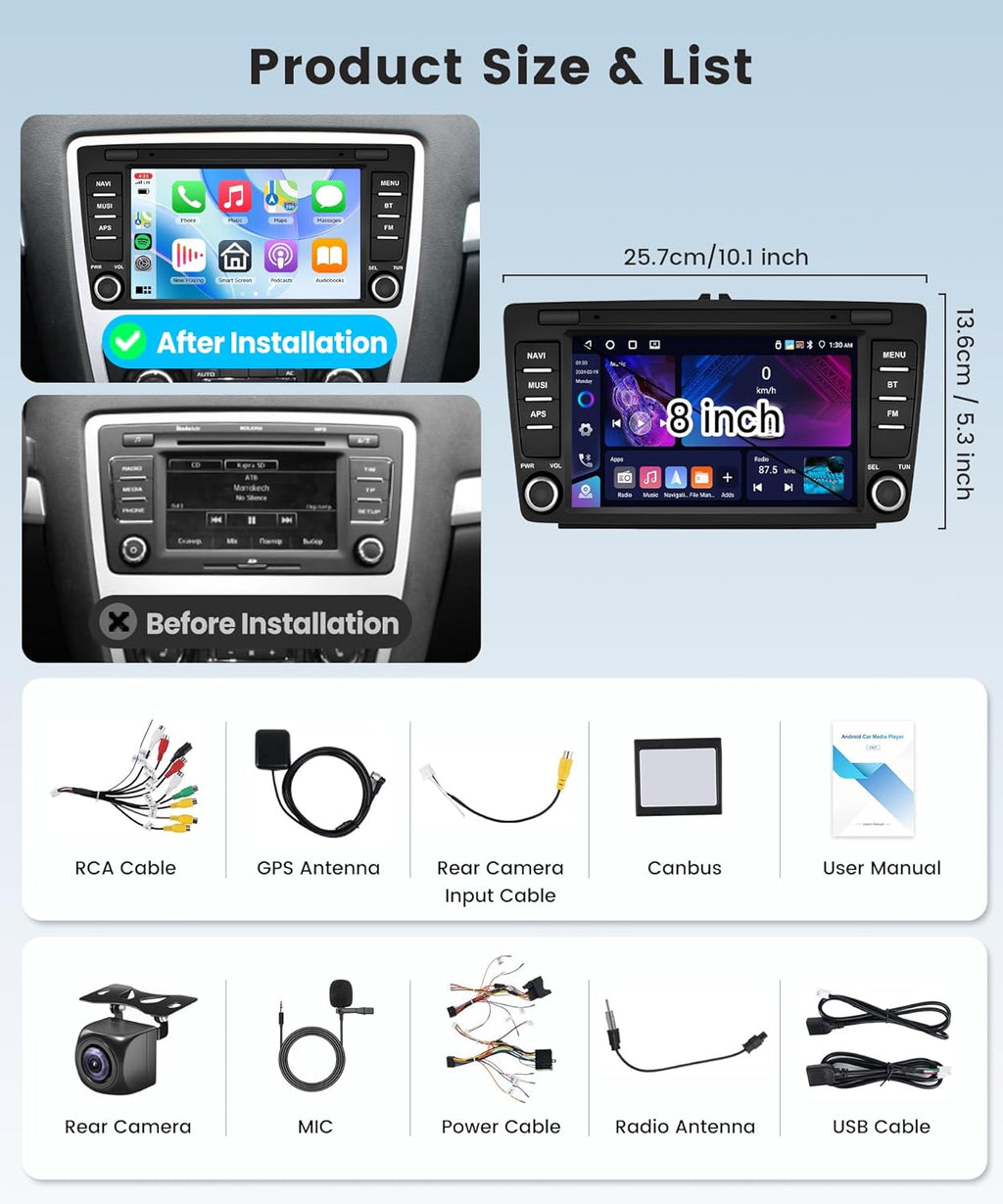 4G+64G Wireless Carplay Android Car Radio for Skoda Octavia 2 MK2 Rapid Yeti Roomster Suparab 8 Inch Radio with Android Auto Navi GPS WiFi Mirror Link Bluetooth FM/RDS/EQ Rear Camera