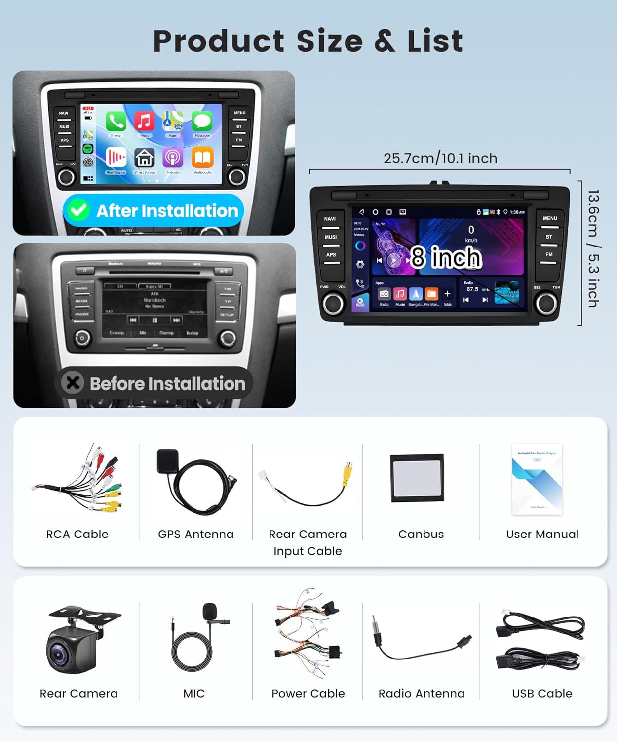 4G+64G Wireless Carplay Android Car Radio for Skoda Octavia 2 MK2 Rapid Yeti Roomster Suparab 8 Inch Radio with Android Auto Navi GPS WiFi Mirror Link Bluetooth FM/RDS/EQ Rear Camera