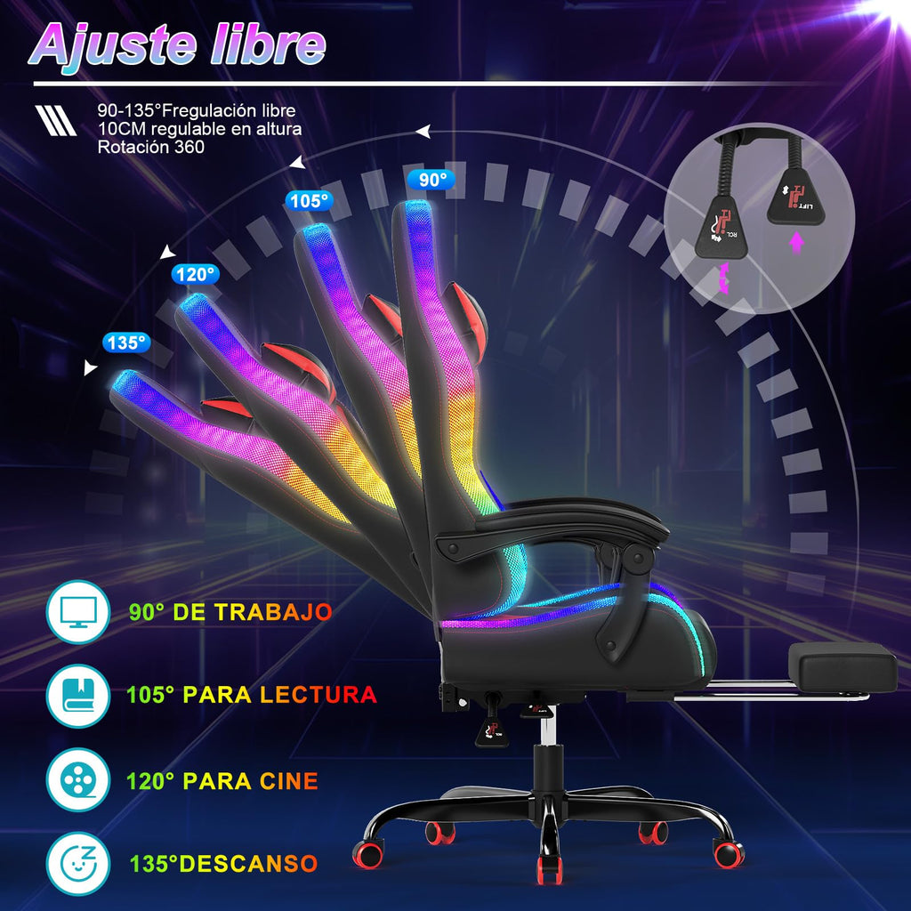 Devoko Cadeira de jogos com massajador e LED, cadeira de escritório ergonómica com apoio para os pés, cadeiras de jogos para escritório e jogos com iluminação RGB(branco)