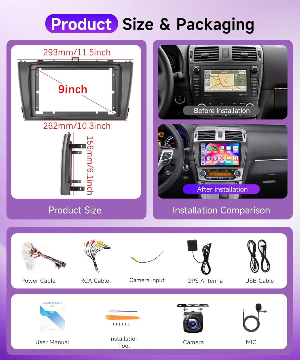 2G+64G Wireless Carplay Android Car Radio for Toyota Avensis 3 T27 2008-2015 9 Inch Car Radio 2 Din with Android Auto GPS Navi WiFi Mirror Link Bluetooth FM/RDS EQ/USB/SWC Rear Camera