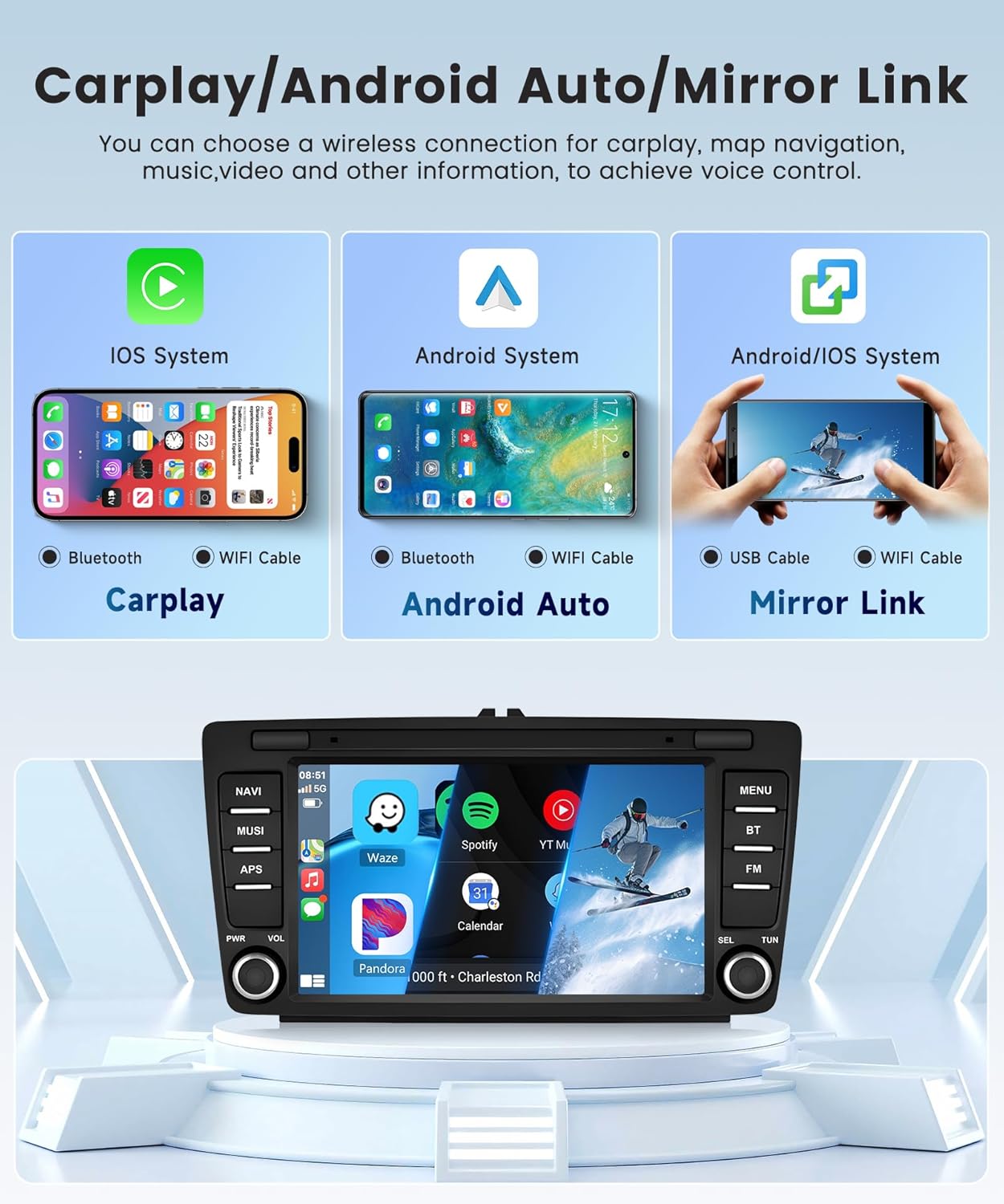 4G+64G Wireless Carplay Android Car Radio for Skoda Octavia 2 MK2 Rapid Yeti Roomster Suparab 8 Inch Radio with Android Auto Navi GPS WiFi Mirror Link Bluetooth FM/RDS/EQ Rear Camera
