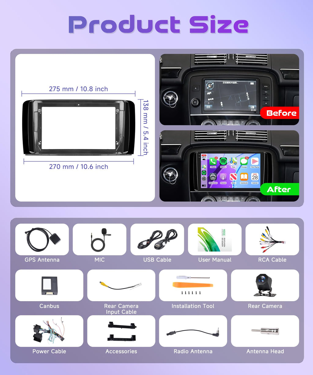 2G+64G Wireless Carplay Android Car Radio for Mercedes Benz R Class W251 R280 R300 R320 R350 R63 2005-2017 9 Inch Radio with Android Auto Navi GPS WiFi Bluetooth FM/RDS/SWC Rear Camera