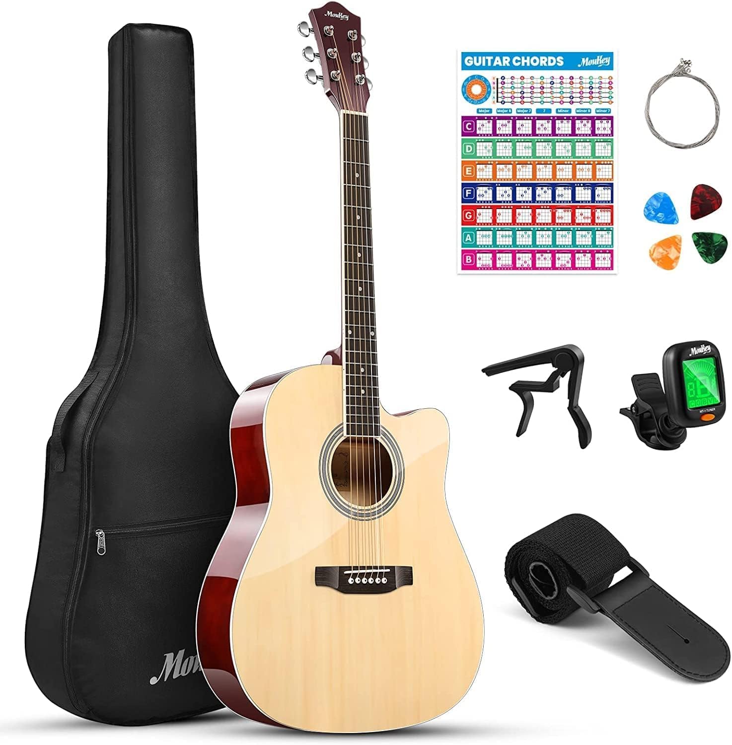 Moukey Acoustic Guitar Full Size Kits for Beginners Adults 4/4 de 41" Guitar Bundles com Chord Poster, Gig Bag, Tuner, Steel Strings, Strap, natural