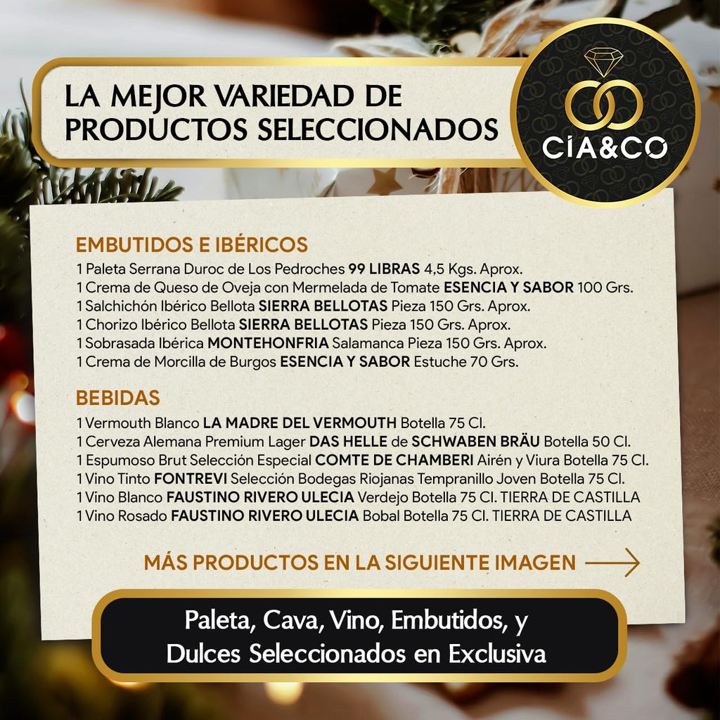 Christmas Basket with Gourmet Ham 2025 (Lot 217) · With Red and White Wine Rioja, Cava, Gin, Beer, Sweets and Iberian · Includes Customizable Card · Ideal Corporate or Family Gift