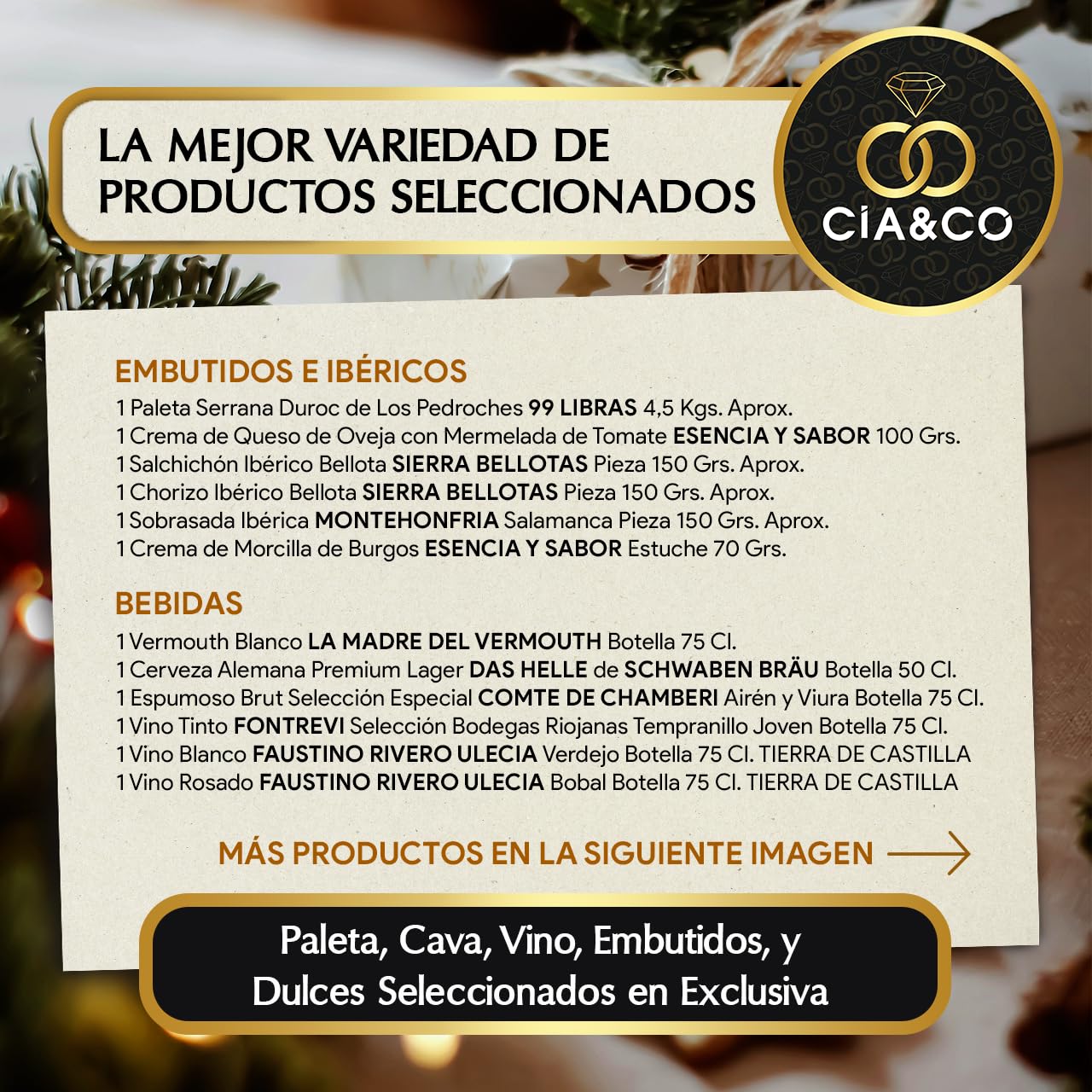 Christmas Basket with Gourmet Ham 2025 (Lot 217) · With Red and White Wine Rioja, Cava, Gin, Beer, Sweets and Iberian · Includes Customizable Card · Ideal Corporate or Family Gift