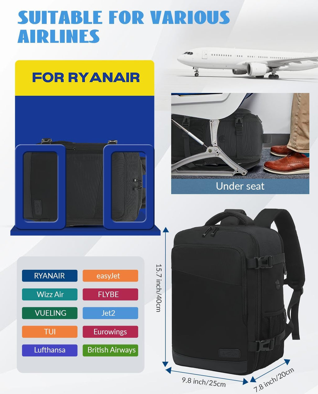 Mochila Viaje Cabina Avion 40x20x25 Para Ryanair Equipaje De Mano Mochila Cabina Negro Repelente Al Agua Antirrobo Para Hombre