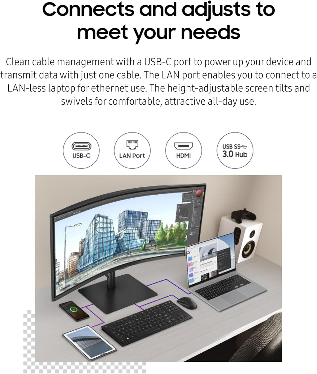 Samsung 34-Inch ViewFinity S65VC Series Ultra-WQHD Curved Computer Monitor, 100Hz, AMD FreeSync, HDR10, USB-C, Built-in Speaker, Camera, KVM Switch, Eye Care, Eco-Packaging, LS34C650VANXGO, Black