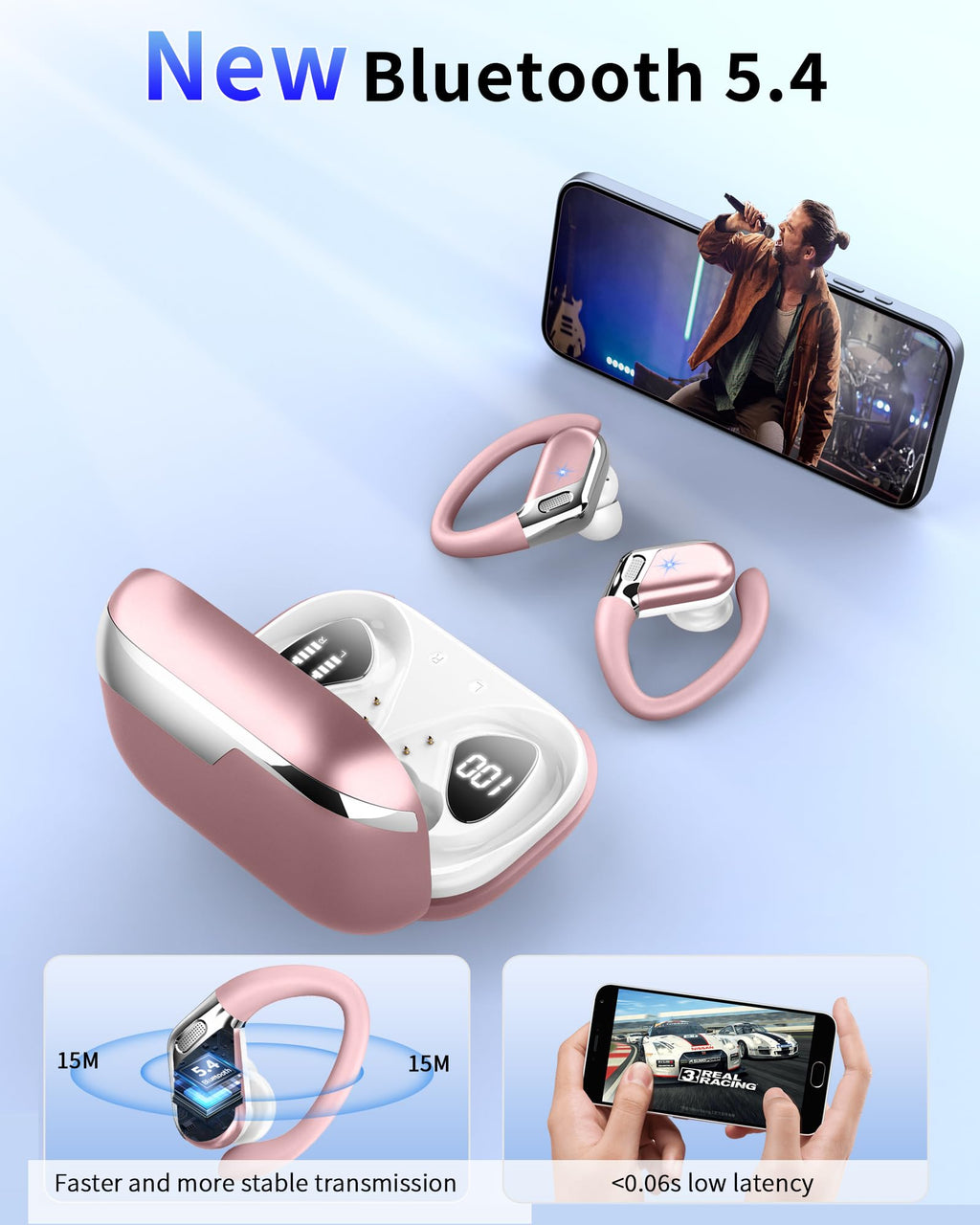 Wireless Sports Headphones, Bluetooth 5.4 HiFi Stereo Headphones with 4 HD Mic, 50H Wireless Bluetooth Headphones with Noise Cancelling ENC, LED Display, IP7 Waterproof Running Helmets