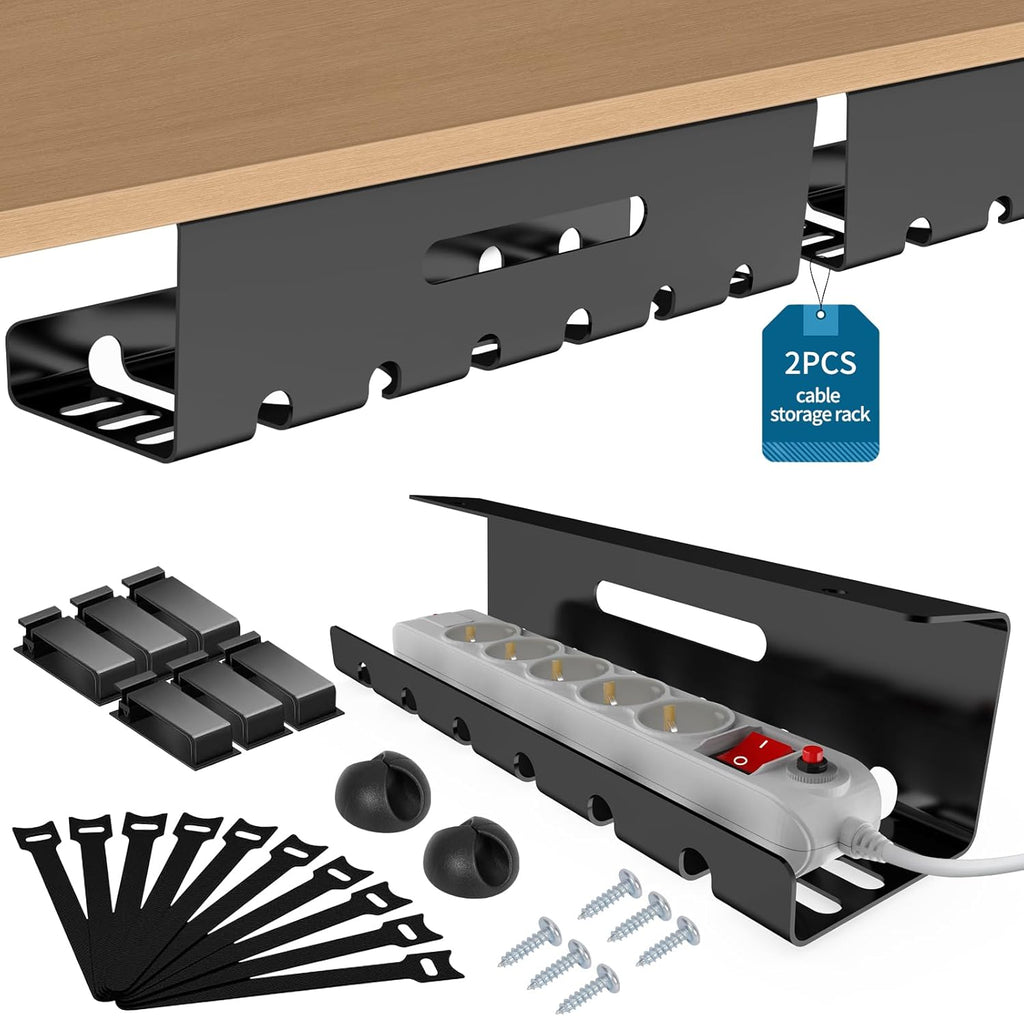 2-Piece Desktop Cable Organizer, No Drilling Required, Desktop Cable Tray, Cable Management for Office Cable Storage, Home, Workplace, Black 