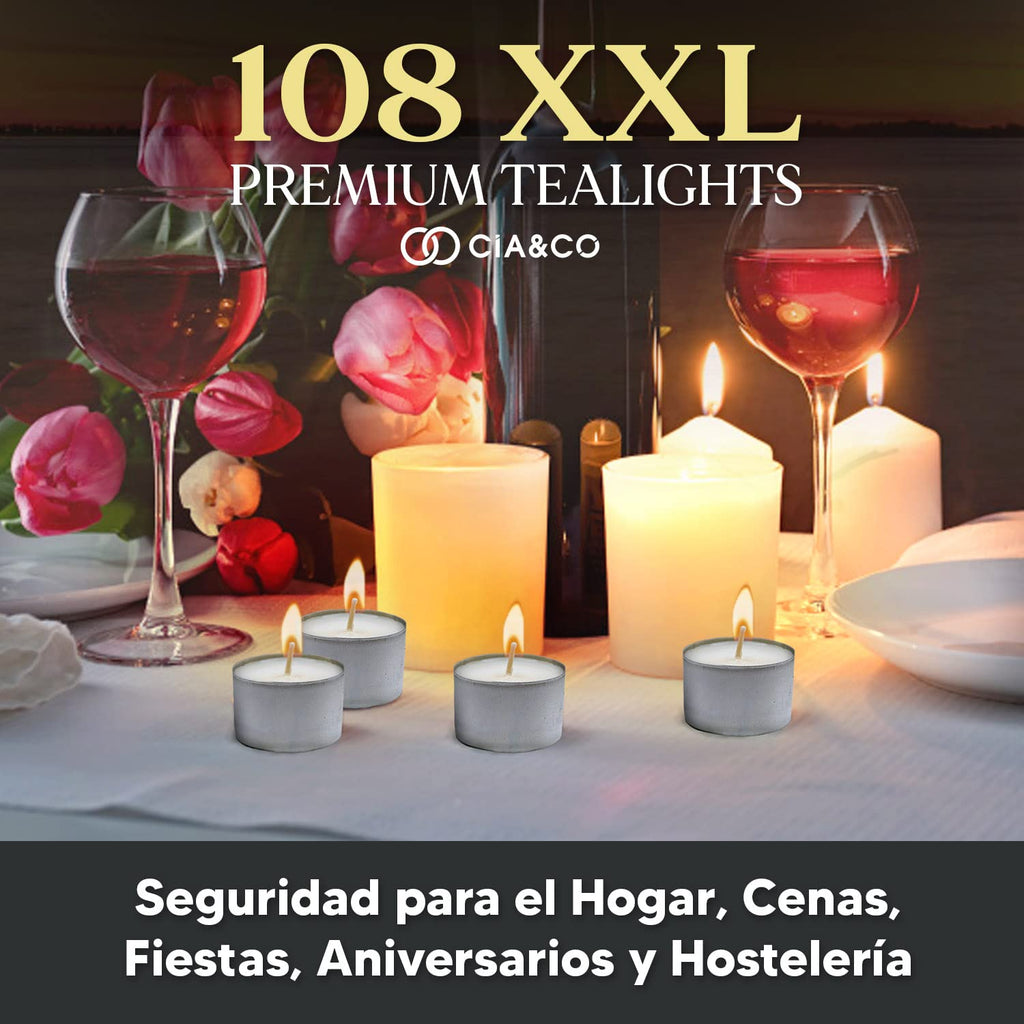 Cia&Co Pack of 108 Tea Lights 8 Hours XXL Long Lasting Round White Candles + 8 Hours Unscented and 100% Paraffin, Diameter 38 mm, Ideal Hospitality Without Odor