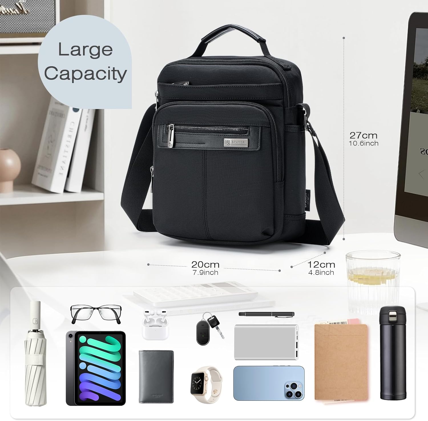 SPAHER - Mala para homem, mala de mão, tiracolo, bolsa de ombro, para homem, bolsa de peito, bolsa de ombro, Ipad mensageiro, bolsa de negócios, porta-talheres crossbody presente