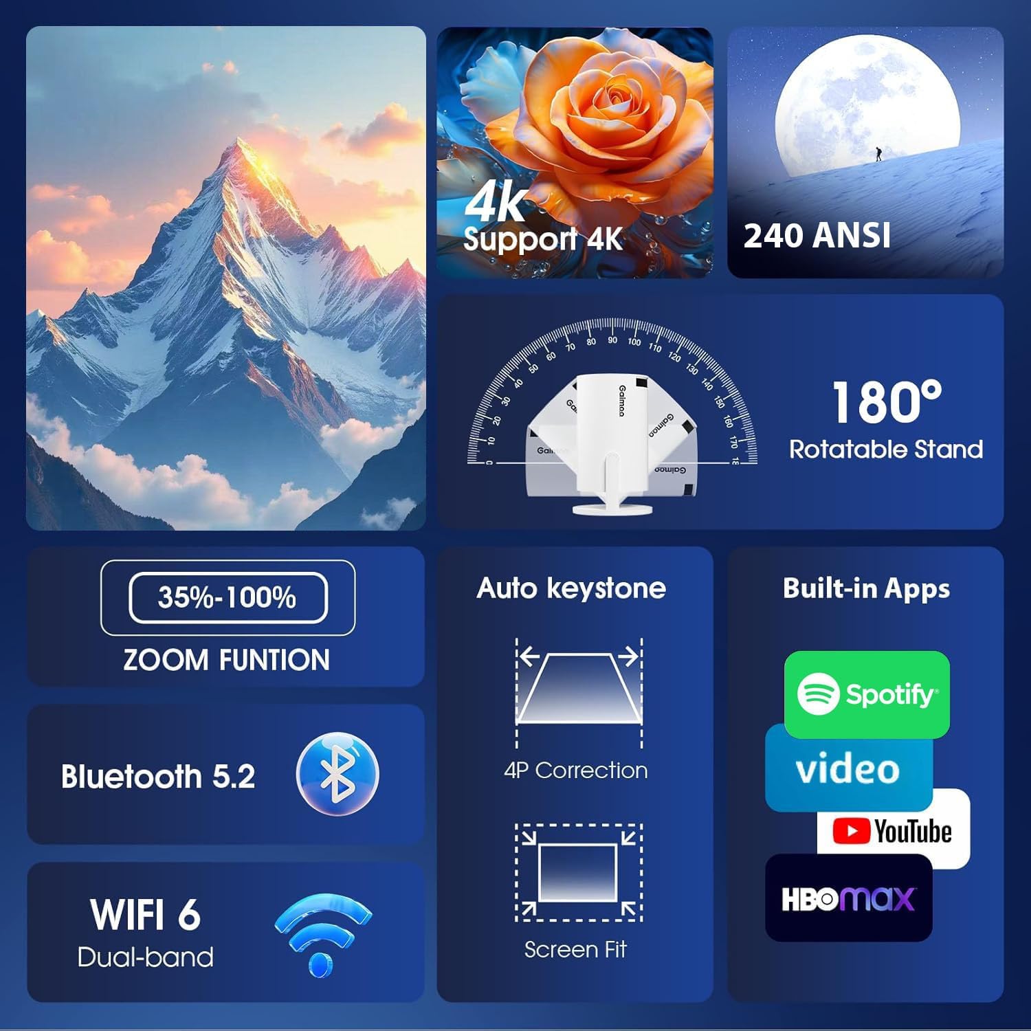 [2025 Modelo e App integrada] Projetor portátil suporte 4K 1080P mini projetor de controlo duplo com rato Android TV WiFi 6 BT5.2 180° rotação HDMI/TV Stick/USB/Laptop, com cabo HDMI e rato, branco