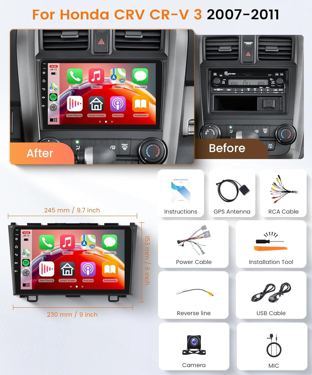 6G+128G 8 Core Inalámbrico Carplay Android Radio Coche para Honda CRV CR-V 3 2007-2011 9 Pulgadas Touchscreen Radio Coche Android Auto GPS Navi WiFi Mirror Link Bluetooth FM/RDS/DSP/SWC Cámara Trasera