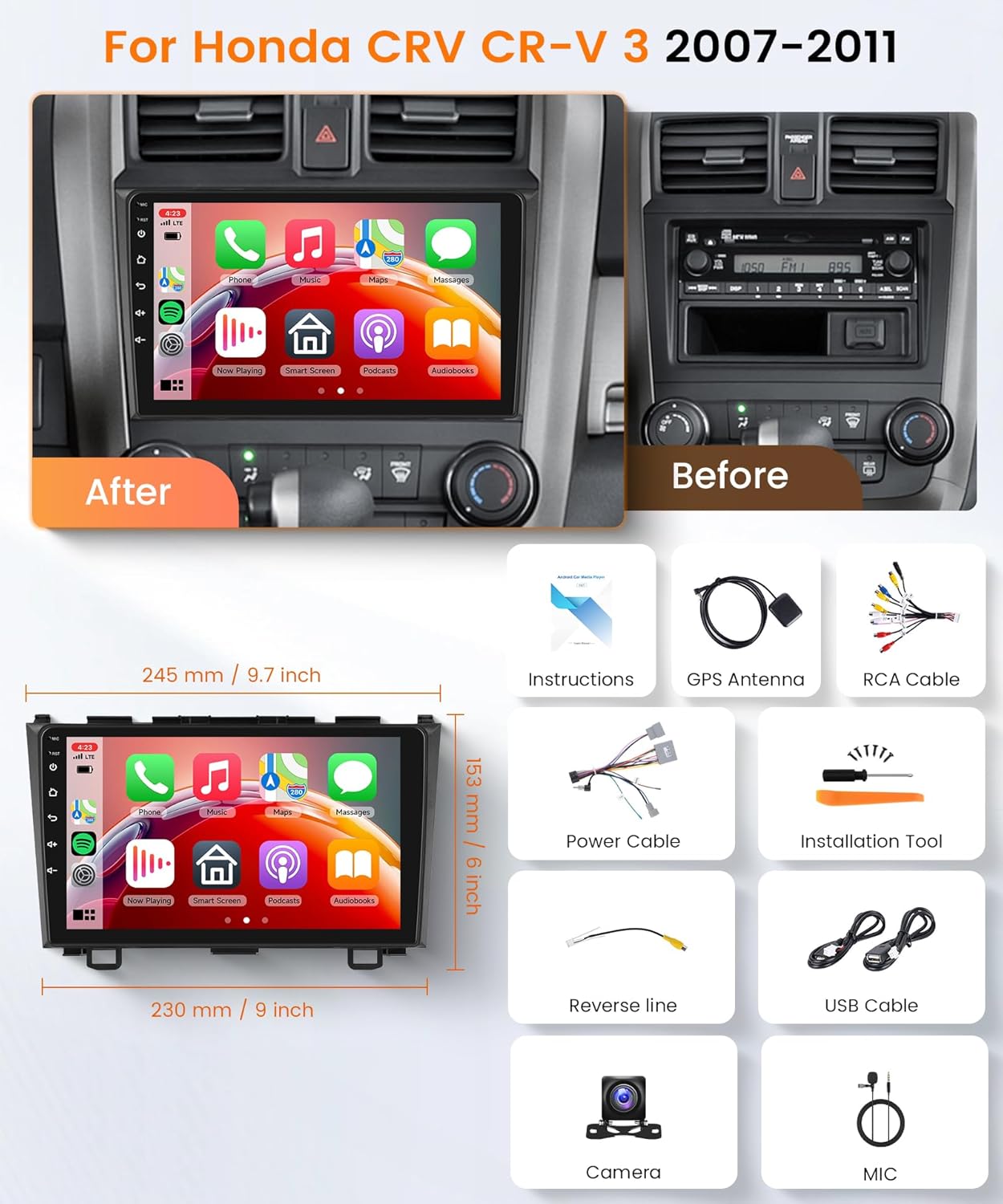 6G+128G 8 Core Inalámbrico Carplay Android Radio Coche para Honda CRV CR-V 3 2007-2011 9 Pulgadas Touchscreen Radio Coche Android Auto GPS Navi WiFi Mirror Link Bluetooth FM/RDS/DSP/SWC Cámara Trasera