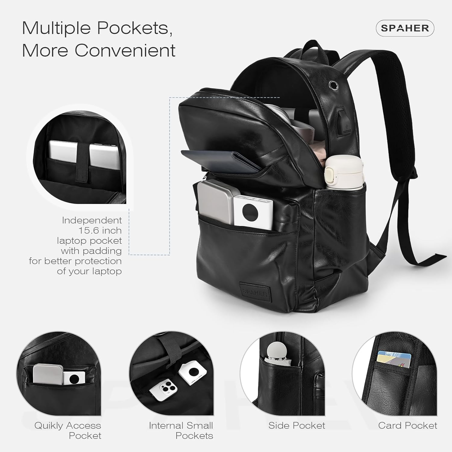 SPAHER Mochila de couro viagem cabine avião 40 x 30 x 20 Wizzair bagagem de mão mochila portátil 15,6 polegadas impermeável com porta de carregamento USB para trabalho escolar homens mulheres 25 L