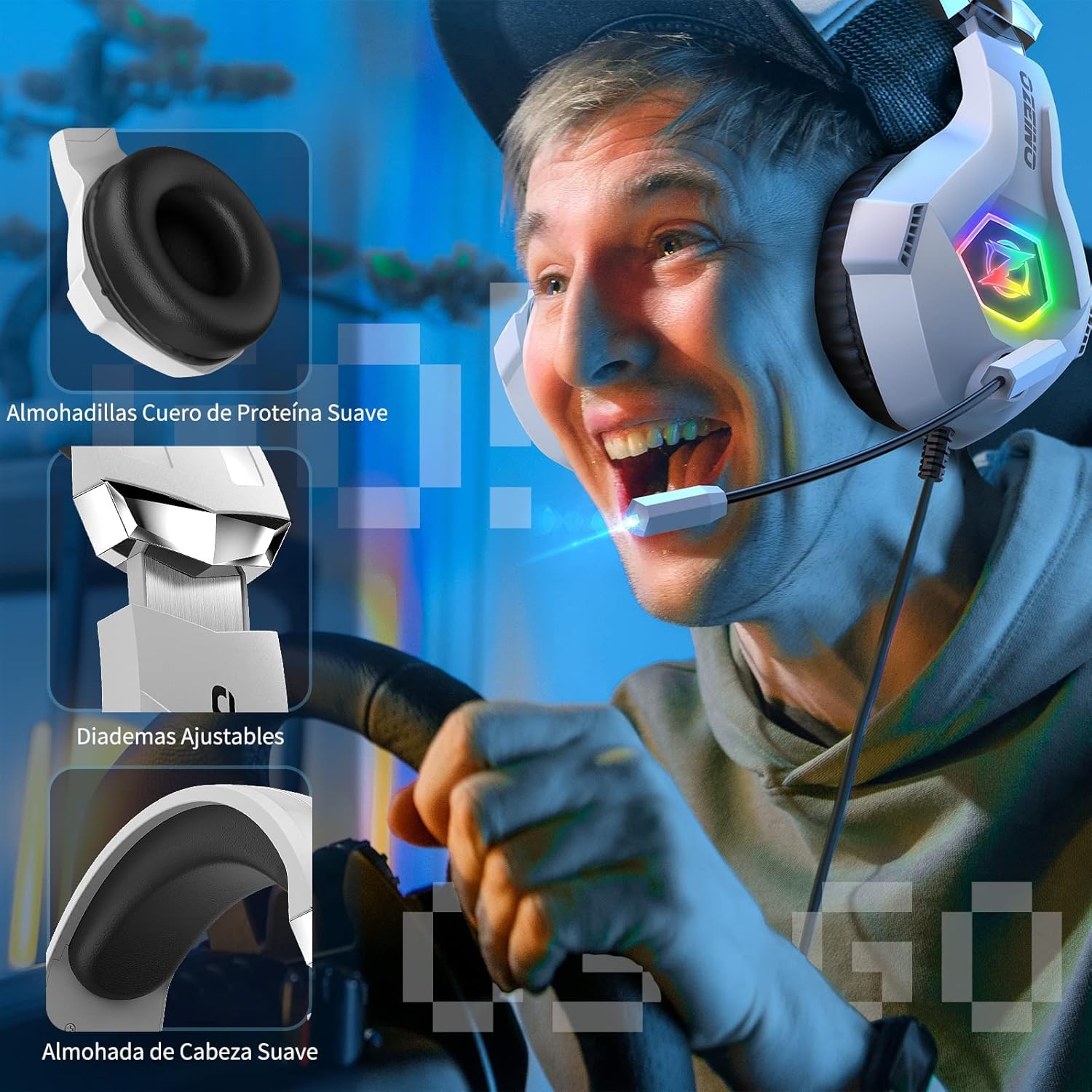 Gaming headset, gaming headset with rotating microphone, RGB light, premium stereo, lightweight comfortable earmuffs, for PS4 PS5 Xbox PC Switch Tablet Laptop 