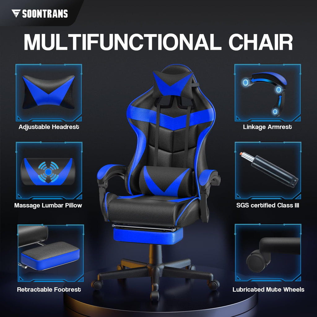 Silla gamer Soontrans con masajeador, reposapiés y reposacabezas, ergonómica, cojín de masaje lumbar, transmisión en vivo de YouTube y PlayStation (azul) 