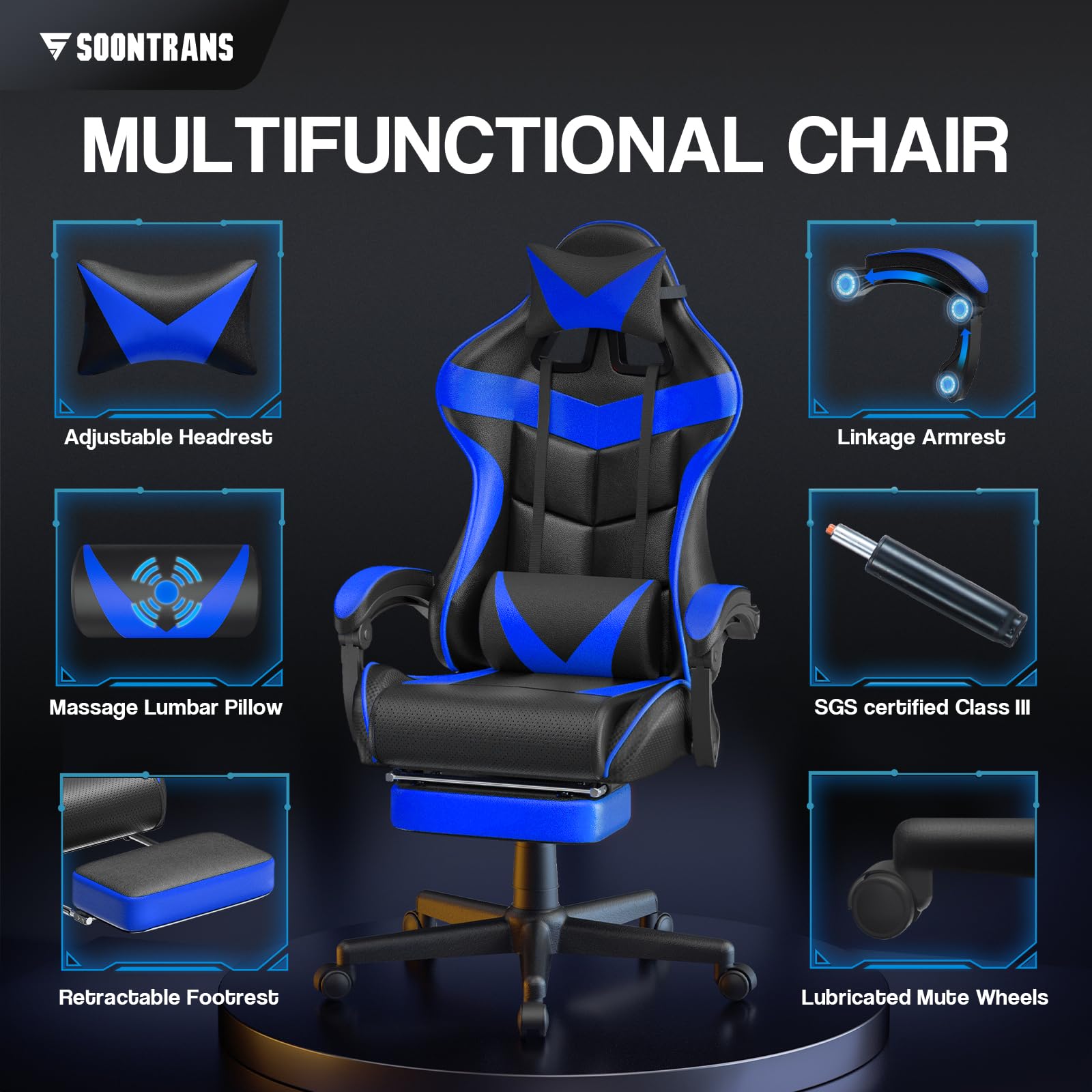 Silla gamer Soontrans con masajeador, reposapiés y reposacabezas, ergonómica, cojín de masaje lumbar, transmisión en vivo de YouTube y PlayStation (azul) 