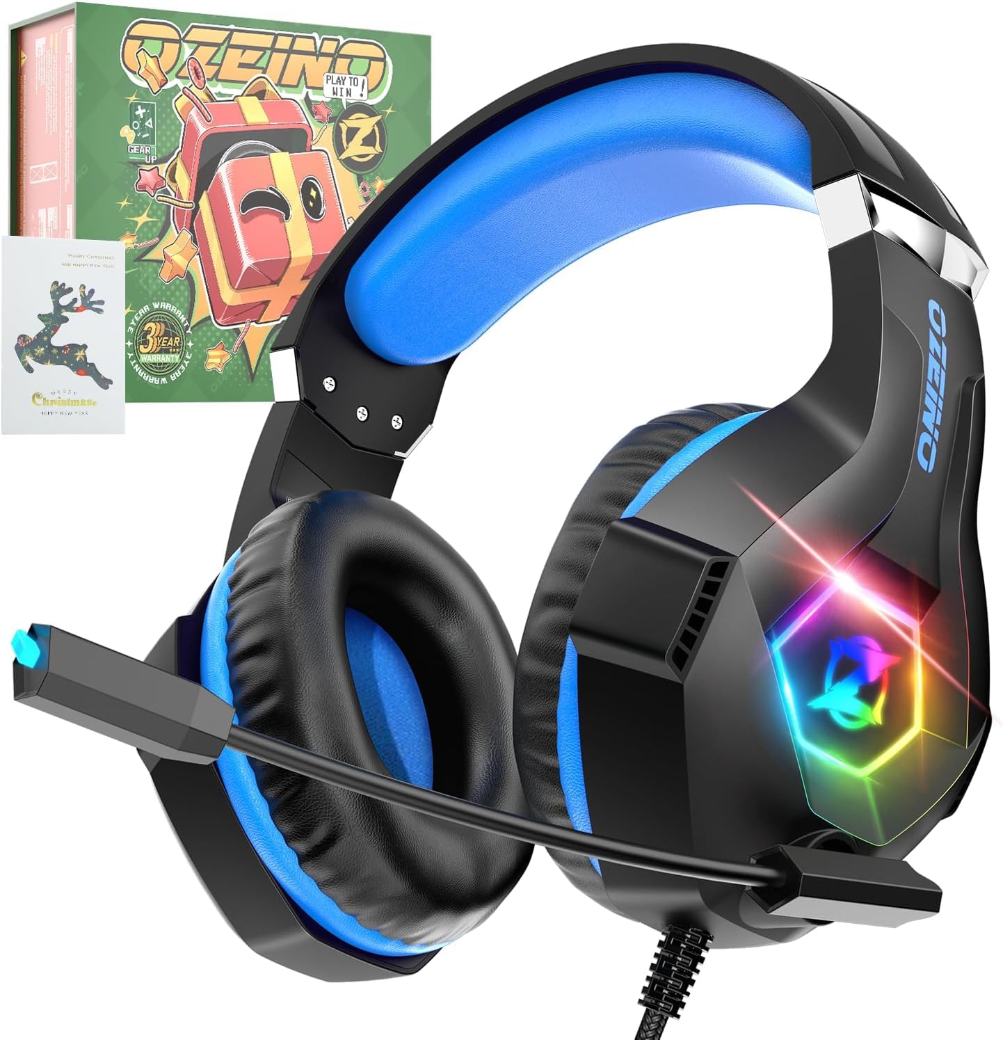 Gaming Headphones, Gaming Headset with Rotating Microphone, RGB Light, Premium Stereo, Lightweight Comfortable Earmuffs, for PS4 PS5 Xbox PC Switch Tablet Laptop
