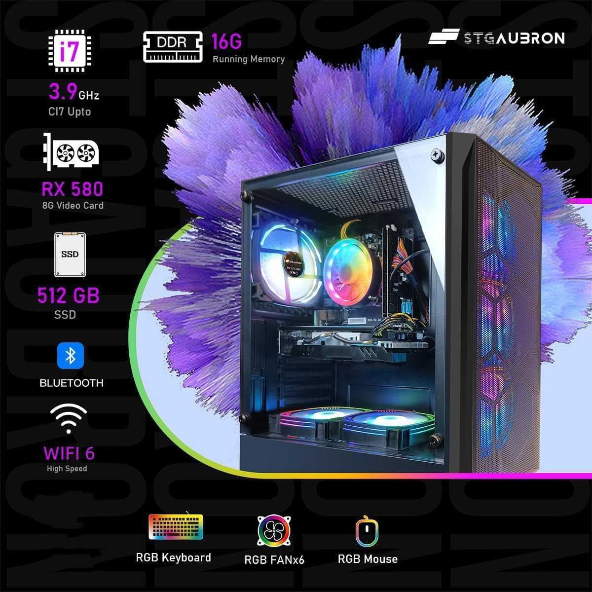 STGAubron Gaming PC Desktop Computer, Intel Core i7 up to 3.9GHz, Radeon RX 580 8G, 16G RAM, 512G SSD, WiFi 6, BT 5.0, RGB Fan x6, Windows 11 Home