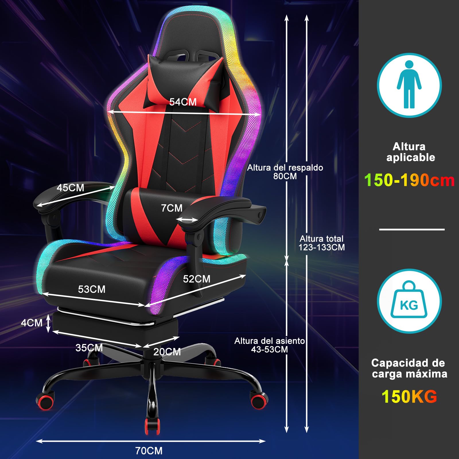 Devoko Cadeira de jogos com massajador e LED, cadeira de escritório ergonómica com apoio para os pés, cadeiras de jogos para escritório e jogos com iluminação RGB(branco)