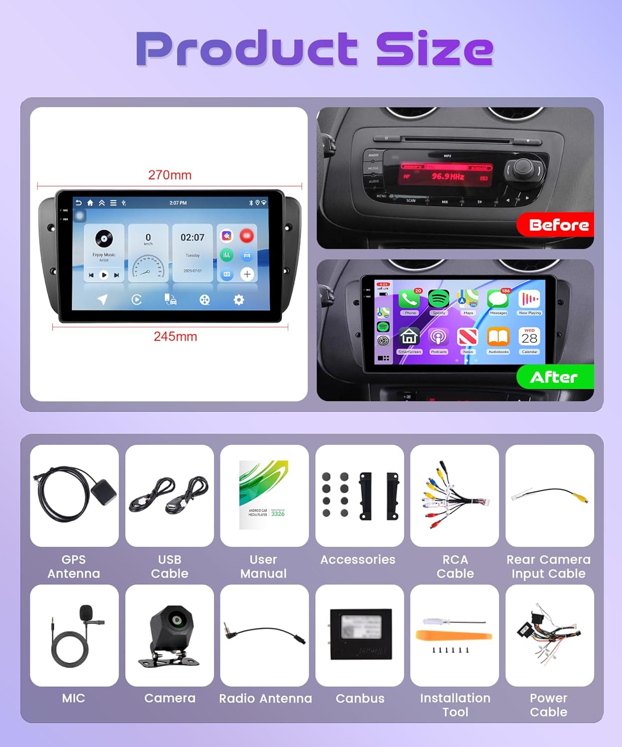 4G+128G Wireless Carplay Android Car Radio for Seat Ibiza 6J IV 2009-2014 9 Inch Incell Screen Car Radio with Android Auto GPS Navi WiFi Mirror Link Bluetooth FM/RDS EQ/SWC Rear Camera