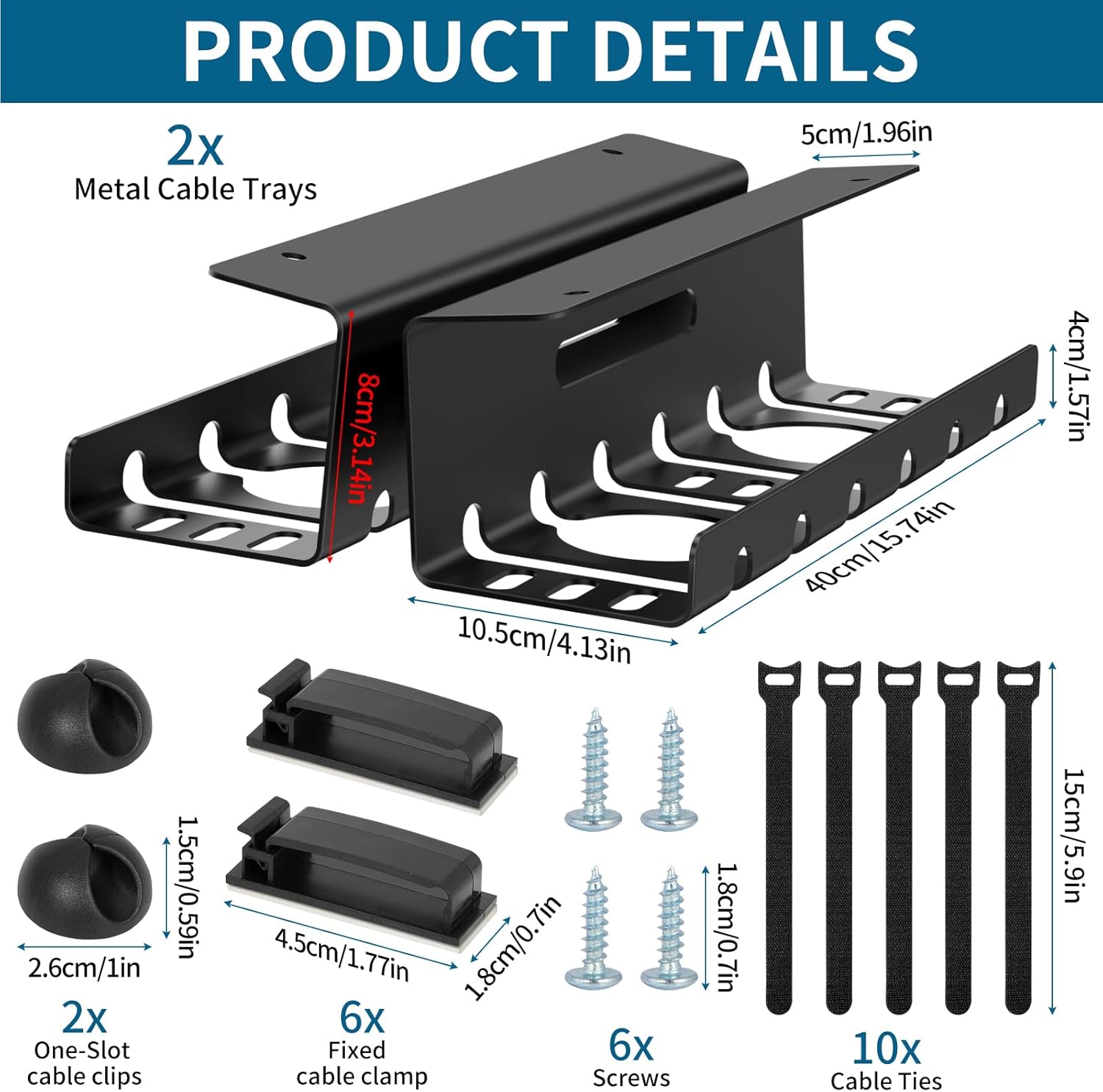 2-Piece Desktop Cable Organizer, No Drilling Required, Desktop Cable Tray, Cable Management for Office Cable Storage, Home, Workplace, Black 