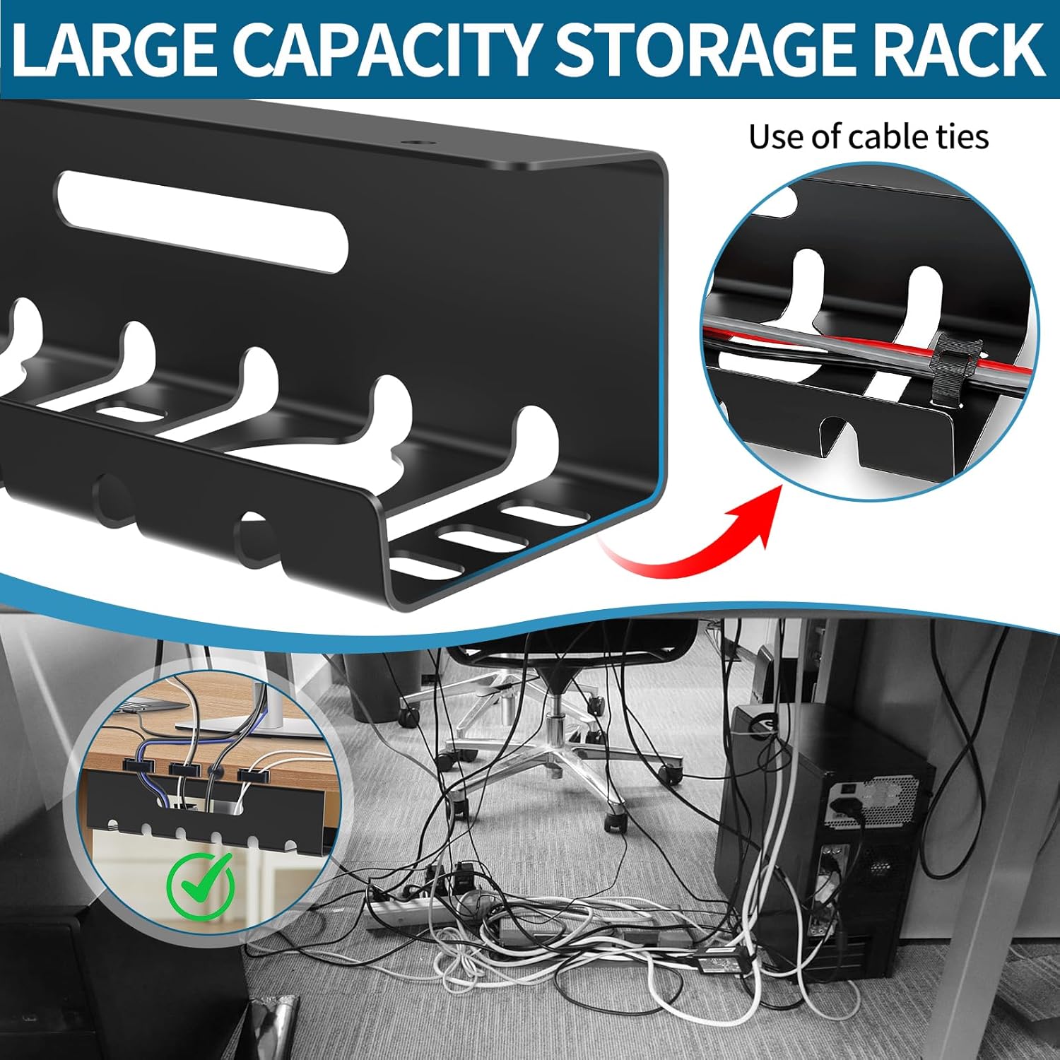 2-Piece Desktop Cable Organizer, No Drilling Required, Desktop Cable Tray, Cable Management for Office Cable Storage, Home, Workplace, Black 