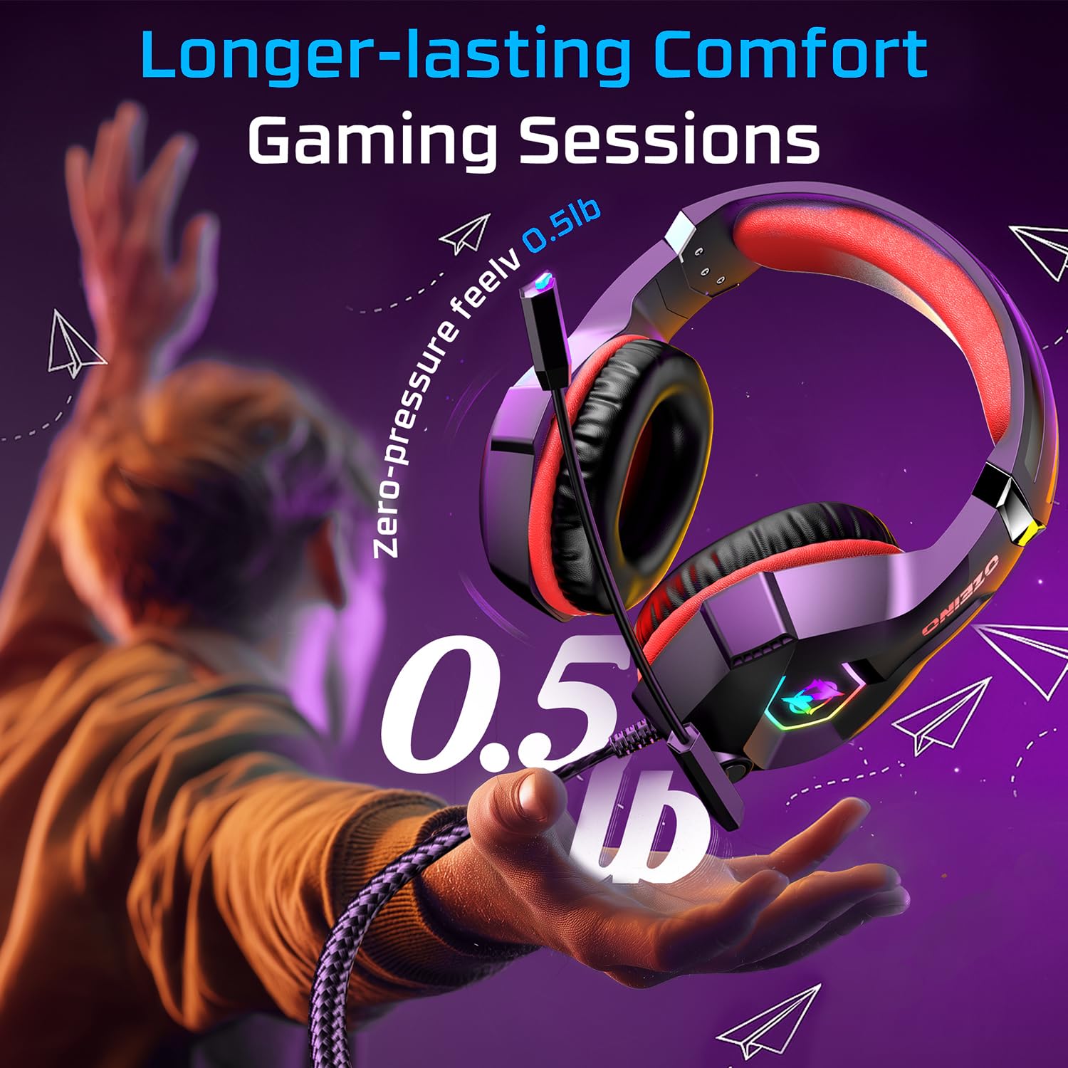 Gaming headset, gaming headset with rotating microphone, RGB light, premium stereo, lightweight comfortable earmuffs, for PS4 PS5 Xbox PC Switch Tablet Laptop 