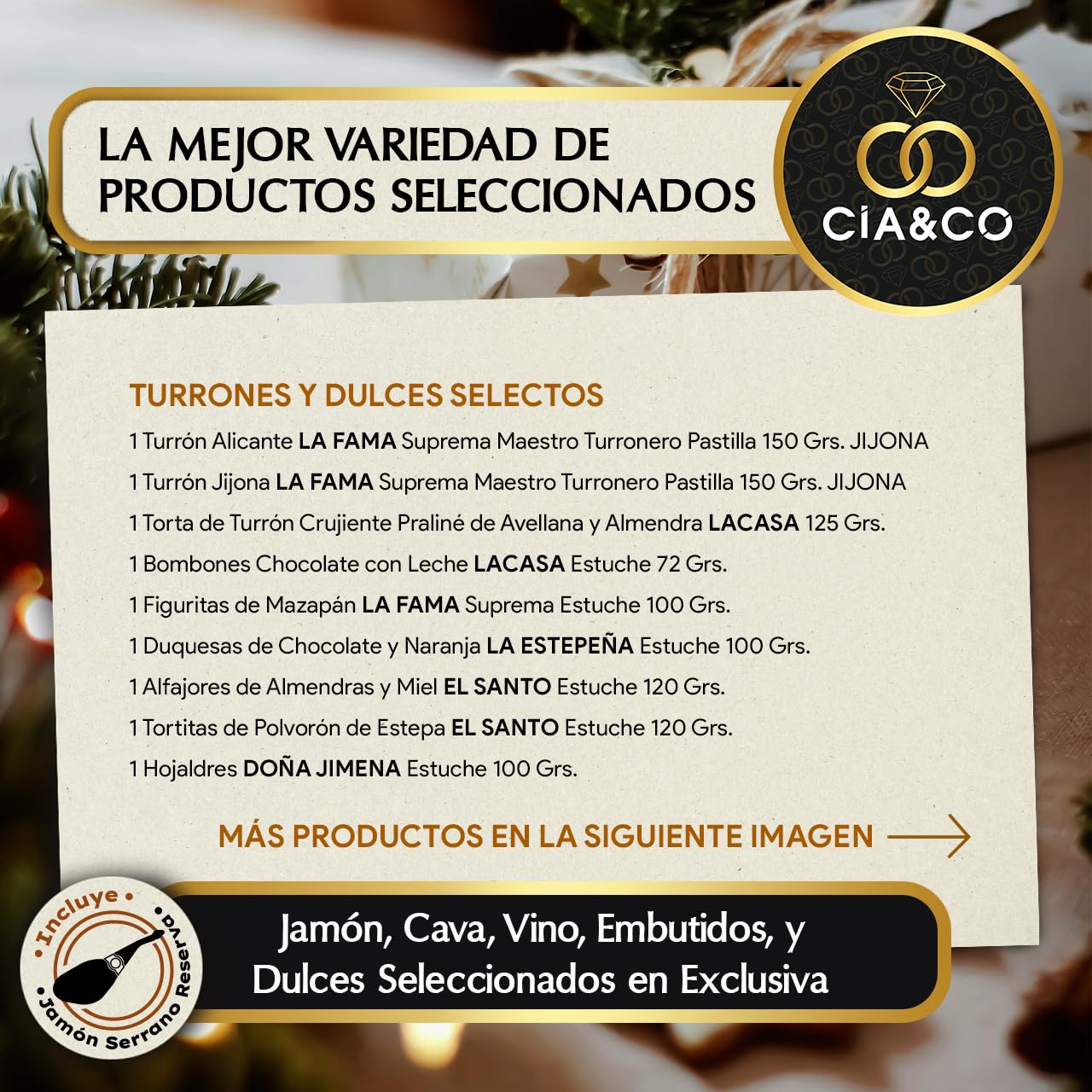 Christmas Basket with Gourmet Ham 2025 (Lot 217) · With Red and White Wine Rioja, Cava, Gin, Beer, Sweets and Iberian · Includes Customizable Card · Ideal Corporate or Family Gift