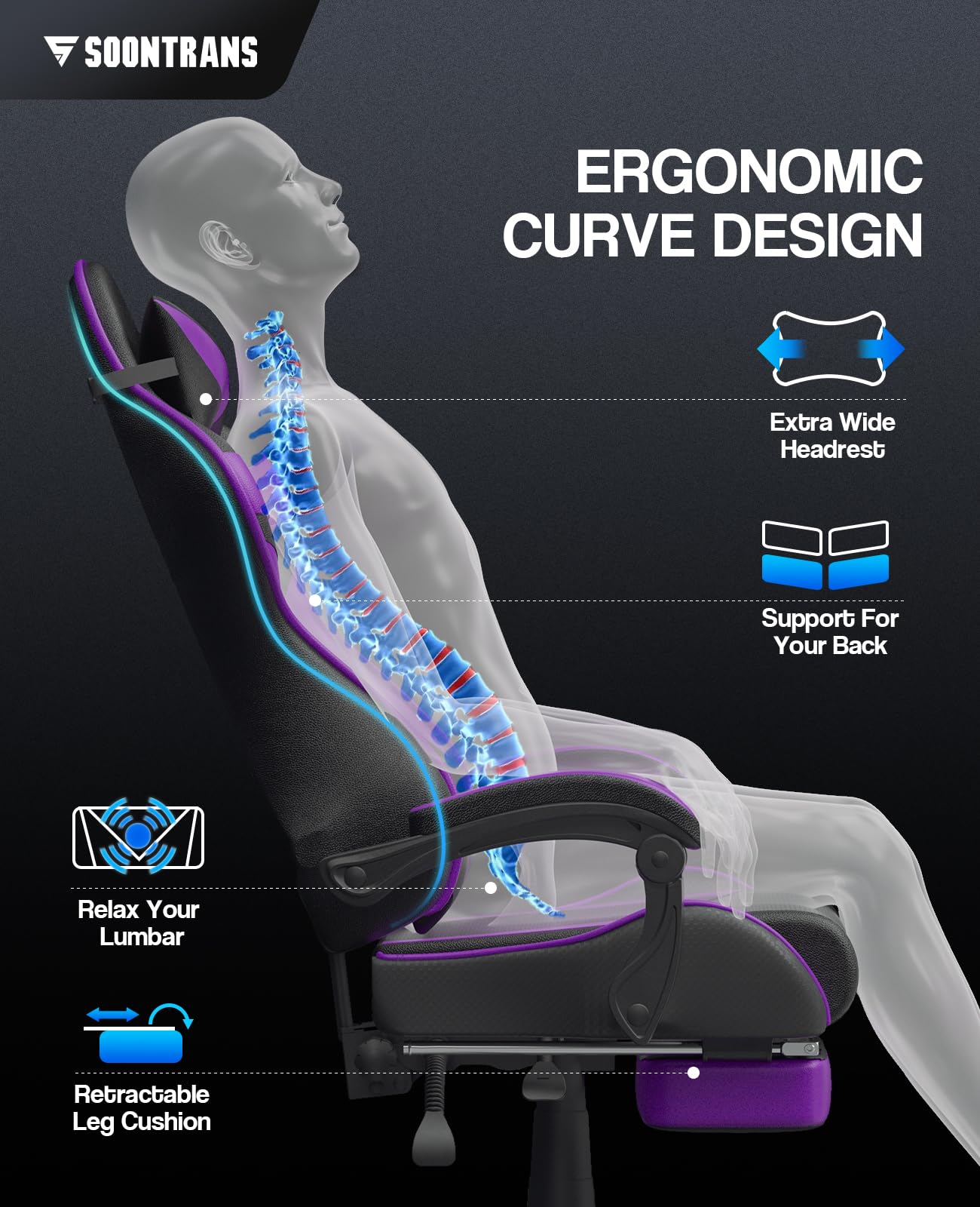 Silla gamer Soontrans con masajeador, reposapiés y reposacabezas, ergonómica, cojín de masaje lumbar, transmisión en vivo de YouTube y PlayStation (azul) 