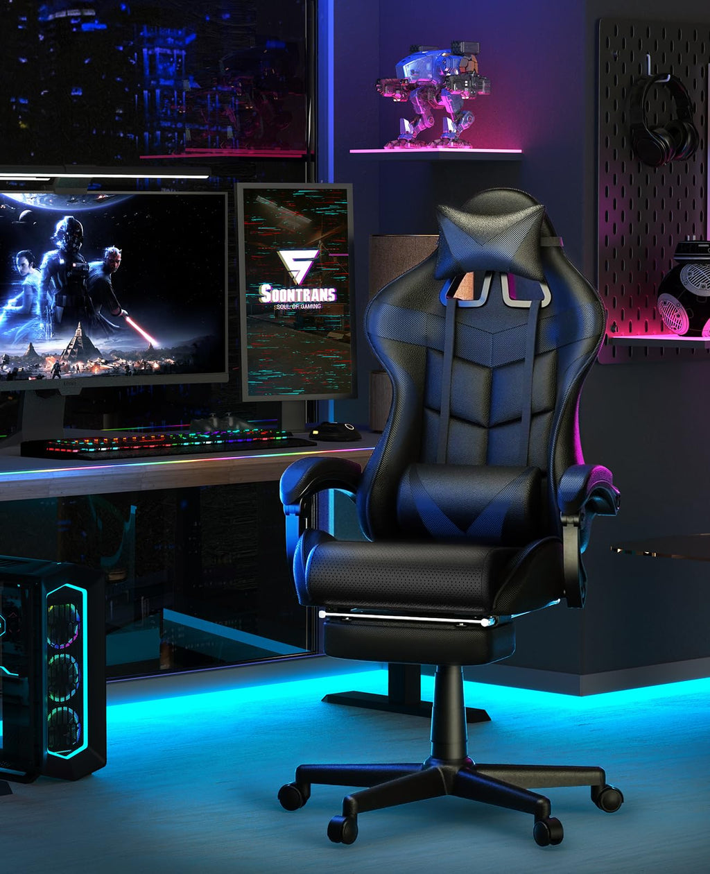 Silla gamer Soontrans con masajeador, reposapiés y reposacabezas, ergonómica, cojín de masaje lumbar, transmisión en vivo de YouTube y PlayStation (azul) 