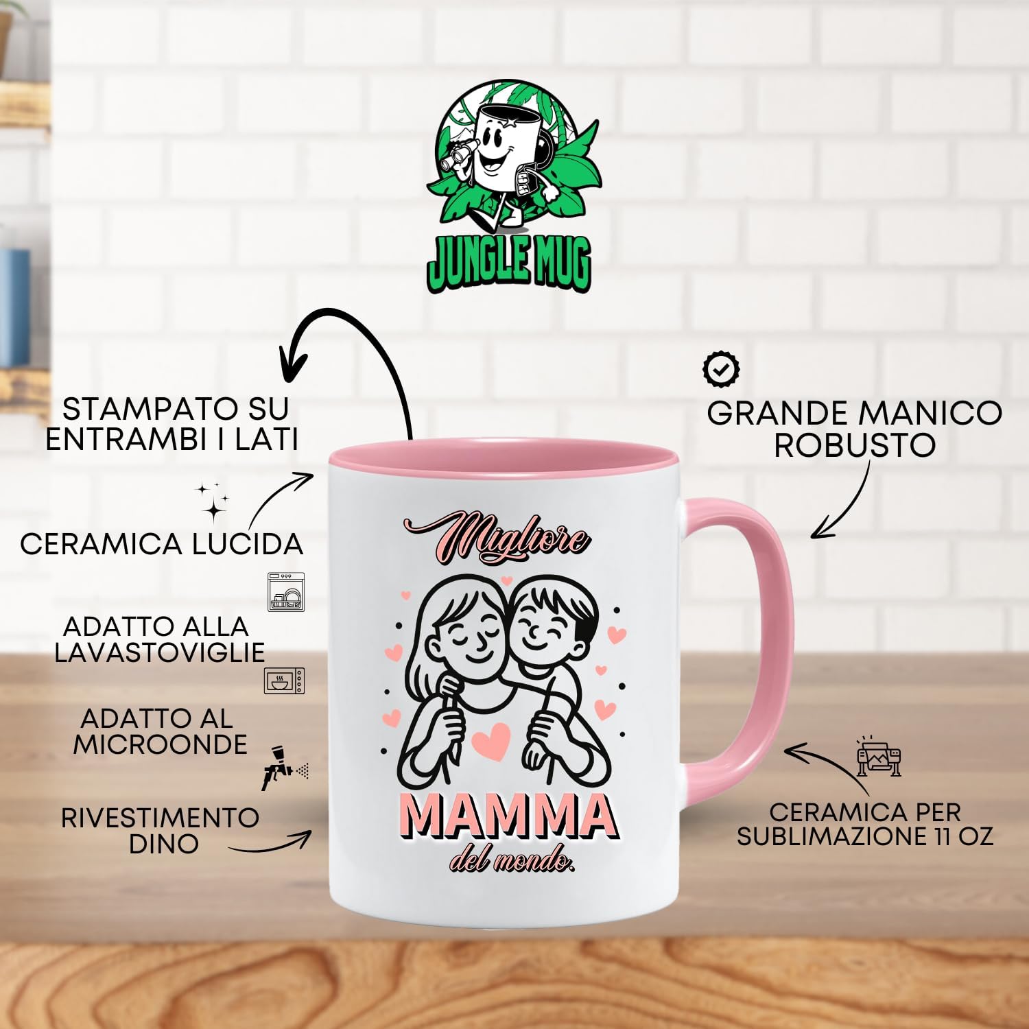 Jungle Mug Migliore Mamma del ondo caneca | ideia de presente italiana para o dia da mãe | ideia de presente amorosa para mãe com coração e criança