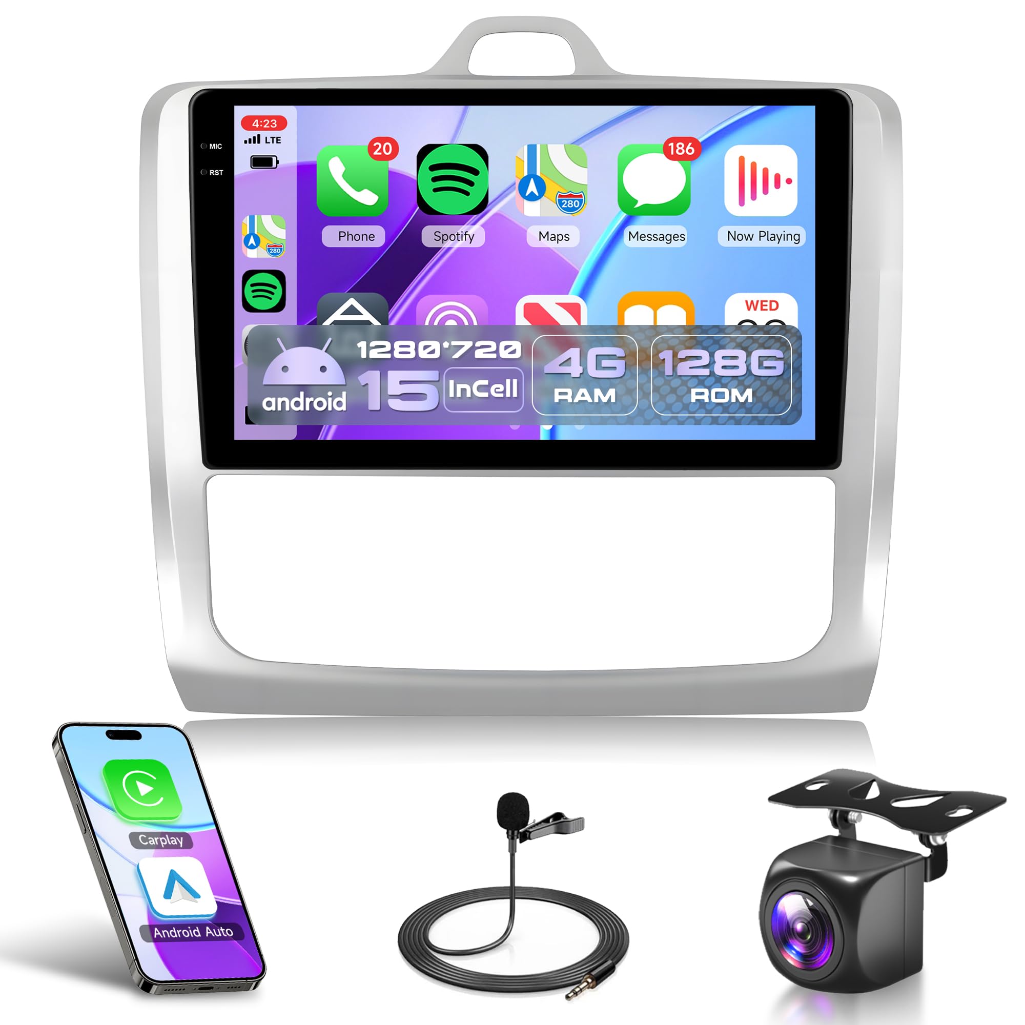 4G+64G Wireless Carplay Android Car Radio for Ford Focus Mk2 Mk3 Exi MT 2 3 2004-2011 9 Inch Incell Screen Car Radio Android Auto GPS Navi WiFi Bluetooth FM/RDS EQ/USB/SWC Rear Camera