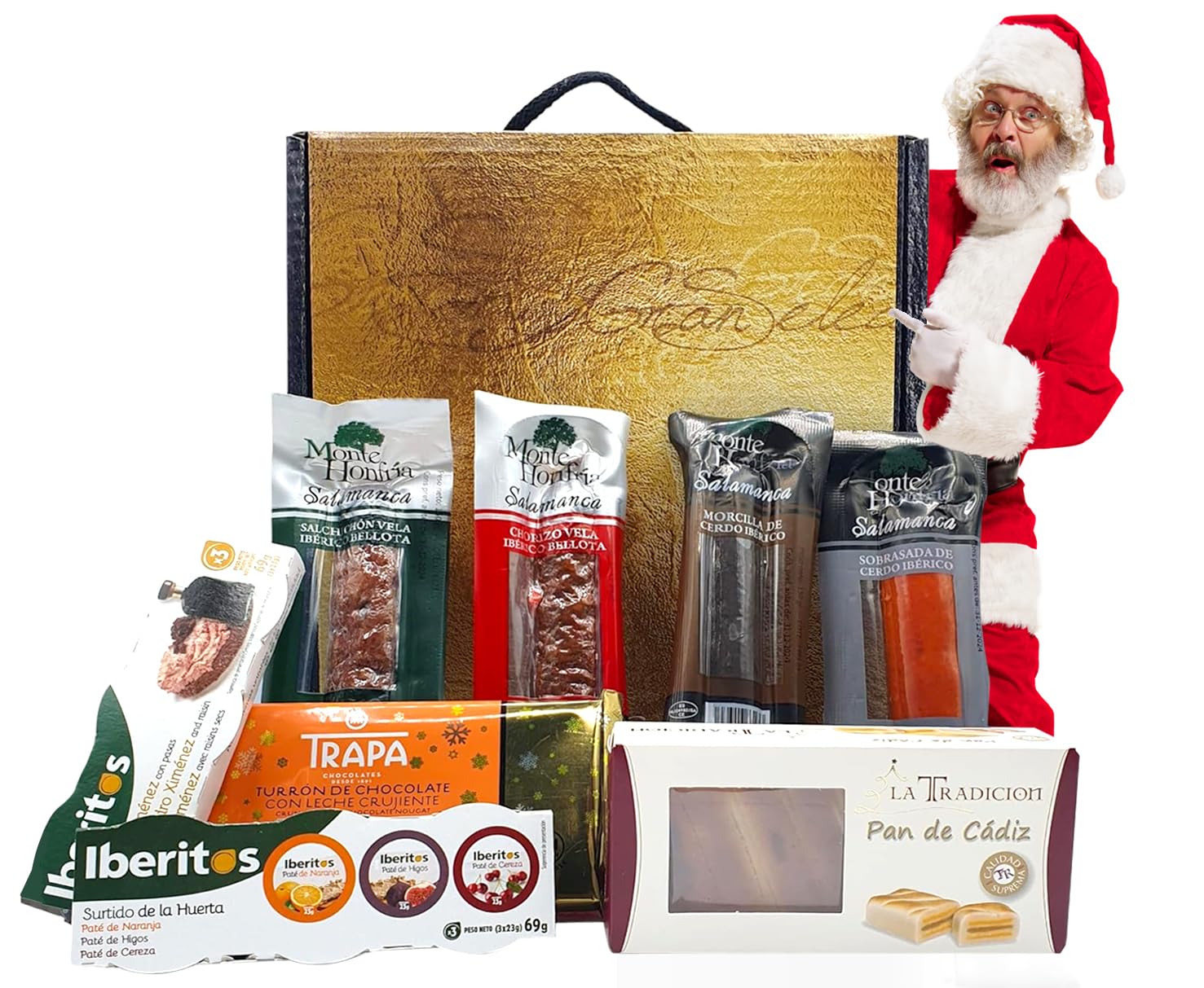 Cesto Gourmet para oferecer M | Perfeita como presente cesta de Natal para empresas, presunto ibérico de isca vinho tempranillo creme de morcela e creme de sobretudo par par PX pack polvones e balões